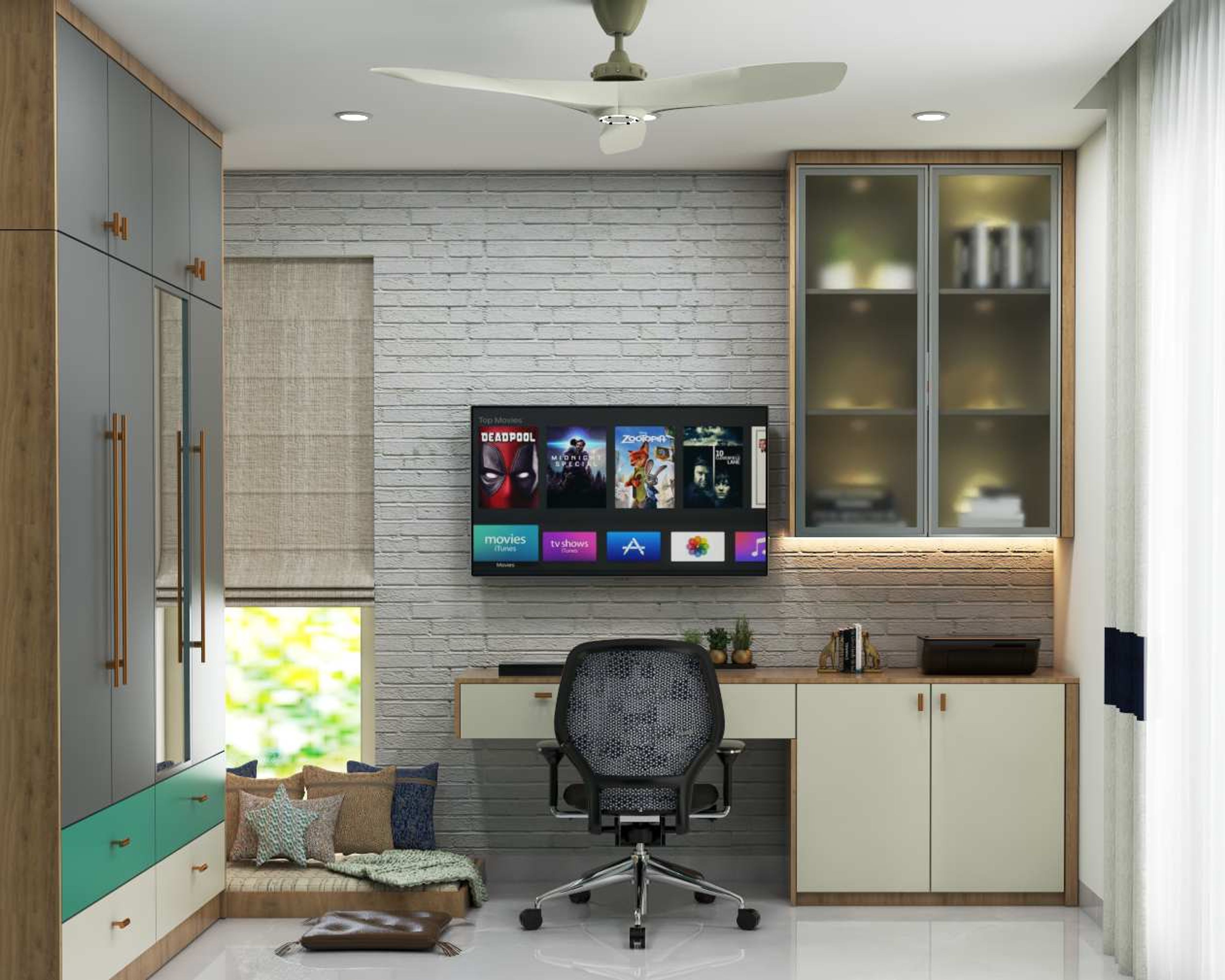Modern Home Office Design With Brick Textured Wall