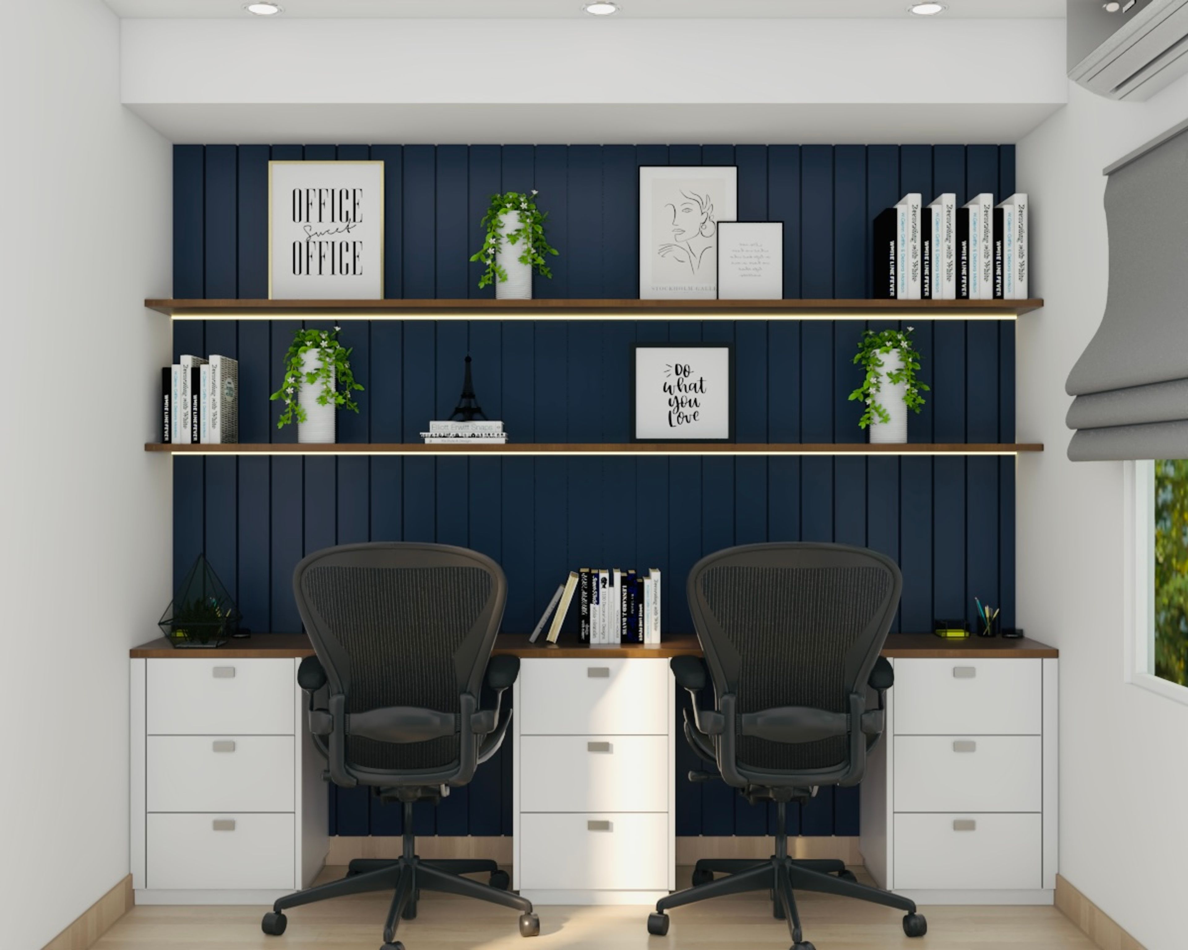 Scandinavian Home Office Design For Two In Navy Blue