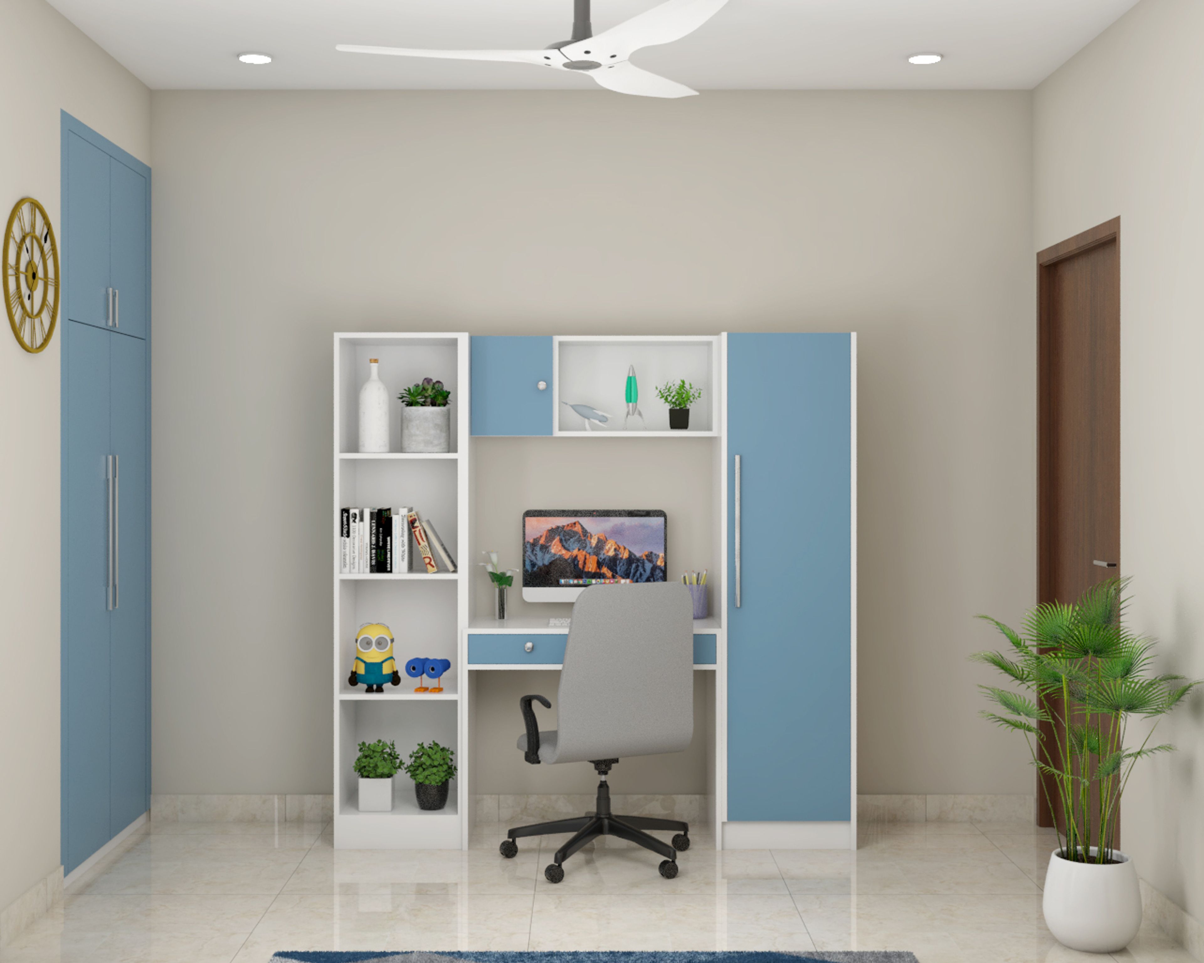 Modern Blue And White Home Office Design With Shutters
