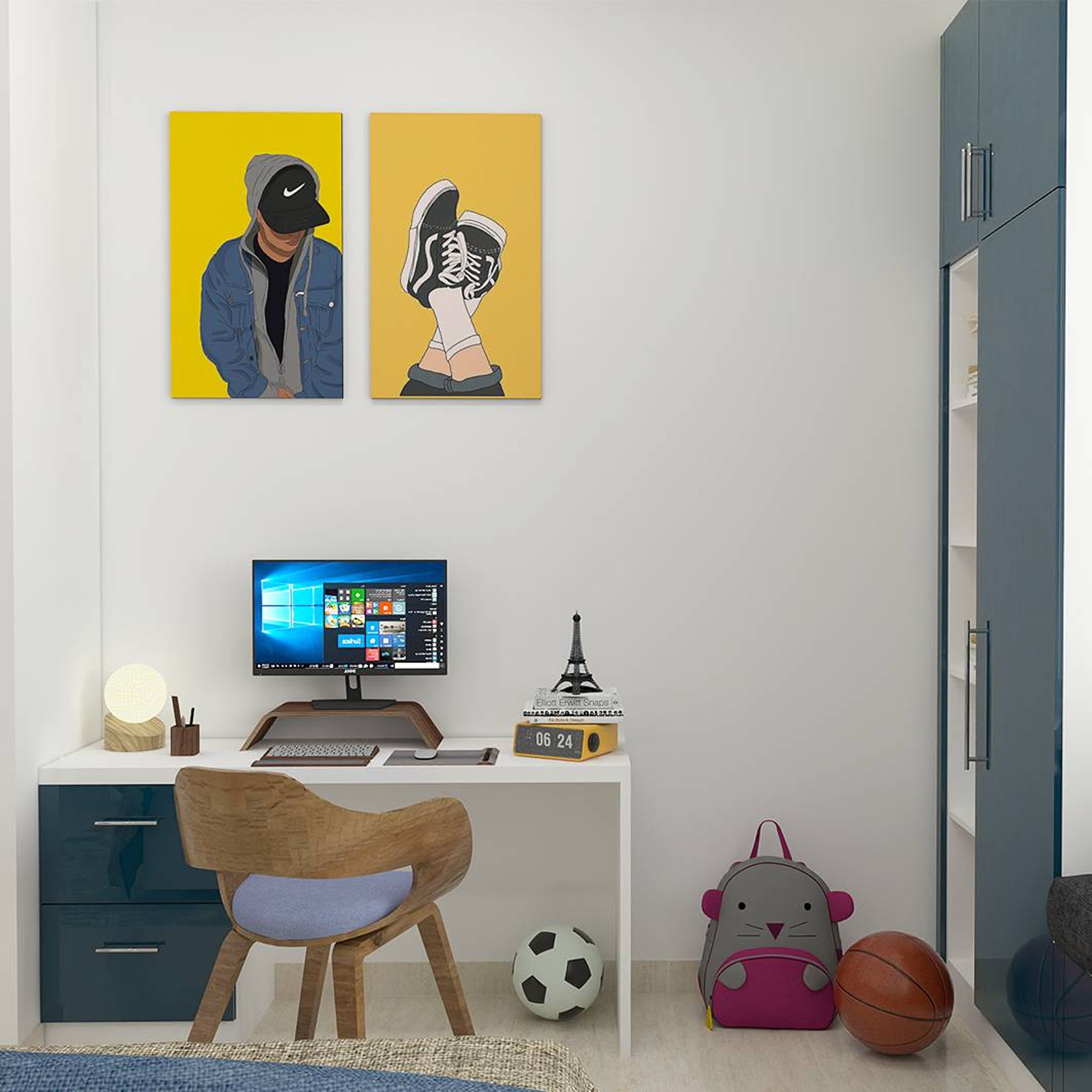 Contemporary Home Office Design With White And Blue Interiors