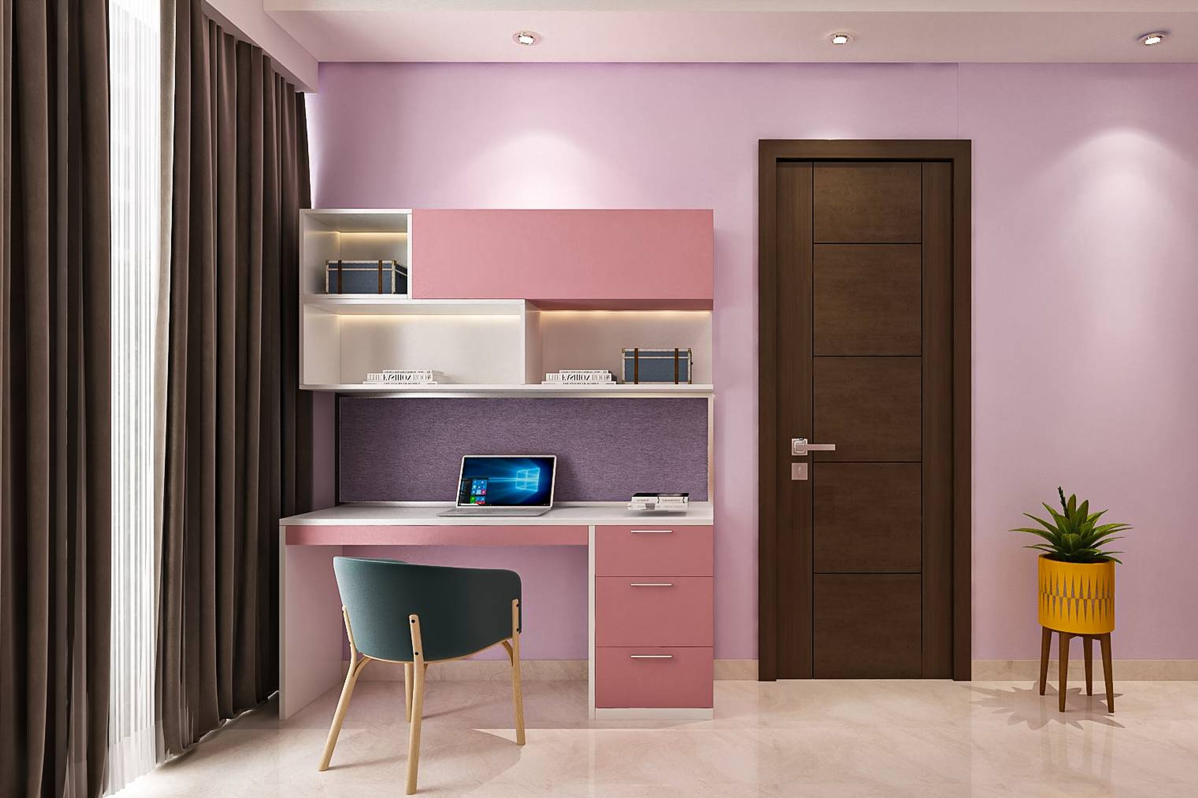 Modern Home Office Design In Pink And Purple