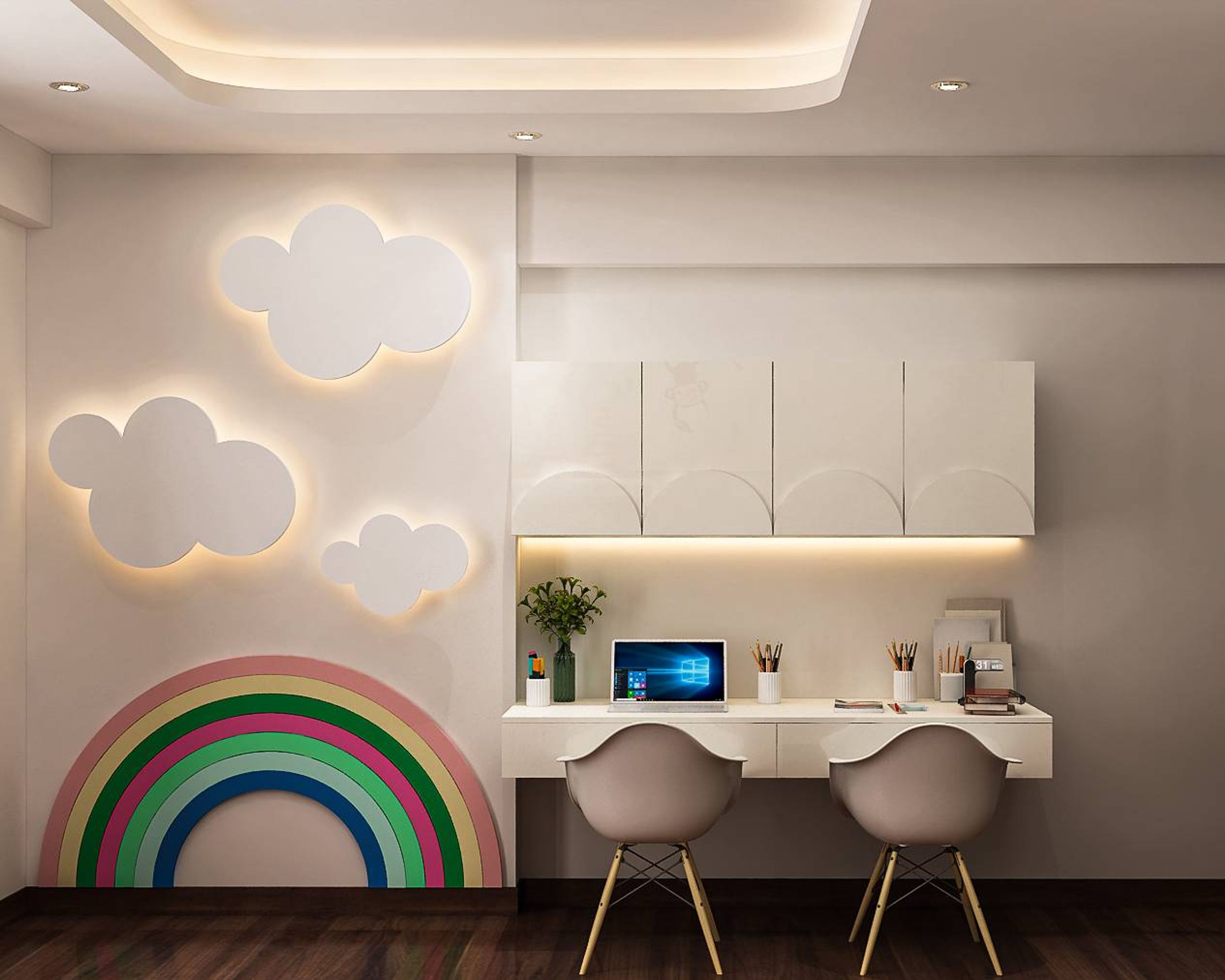 Modern Home Office Design With Cloud POP And Rainbow Wall Work