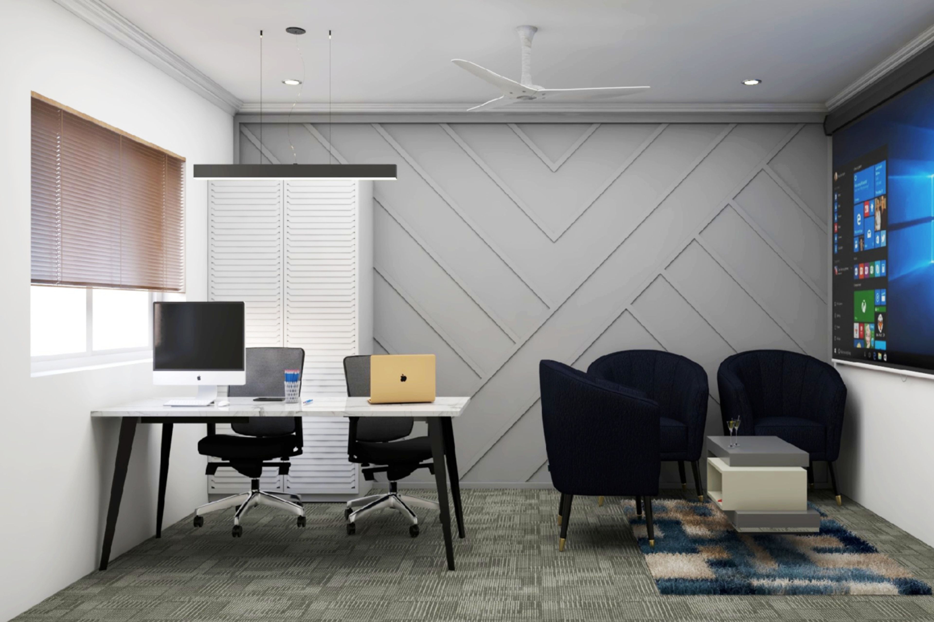 Grey Modern Home Office Design With Storage