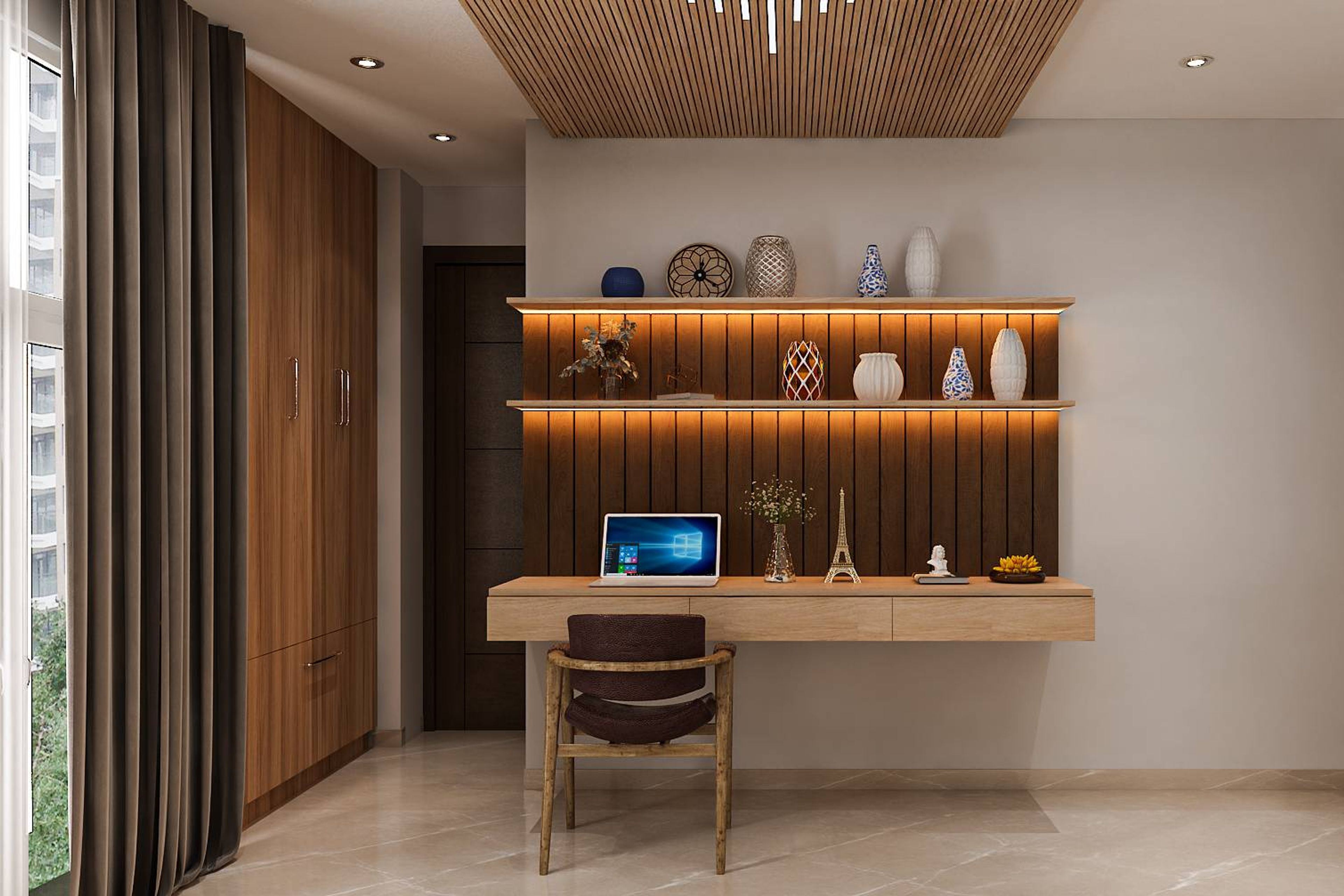 Modern Home Office Design With Wall-Mounted Wooden Desk