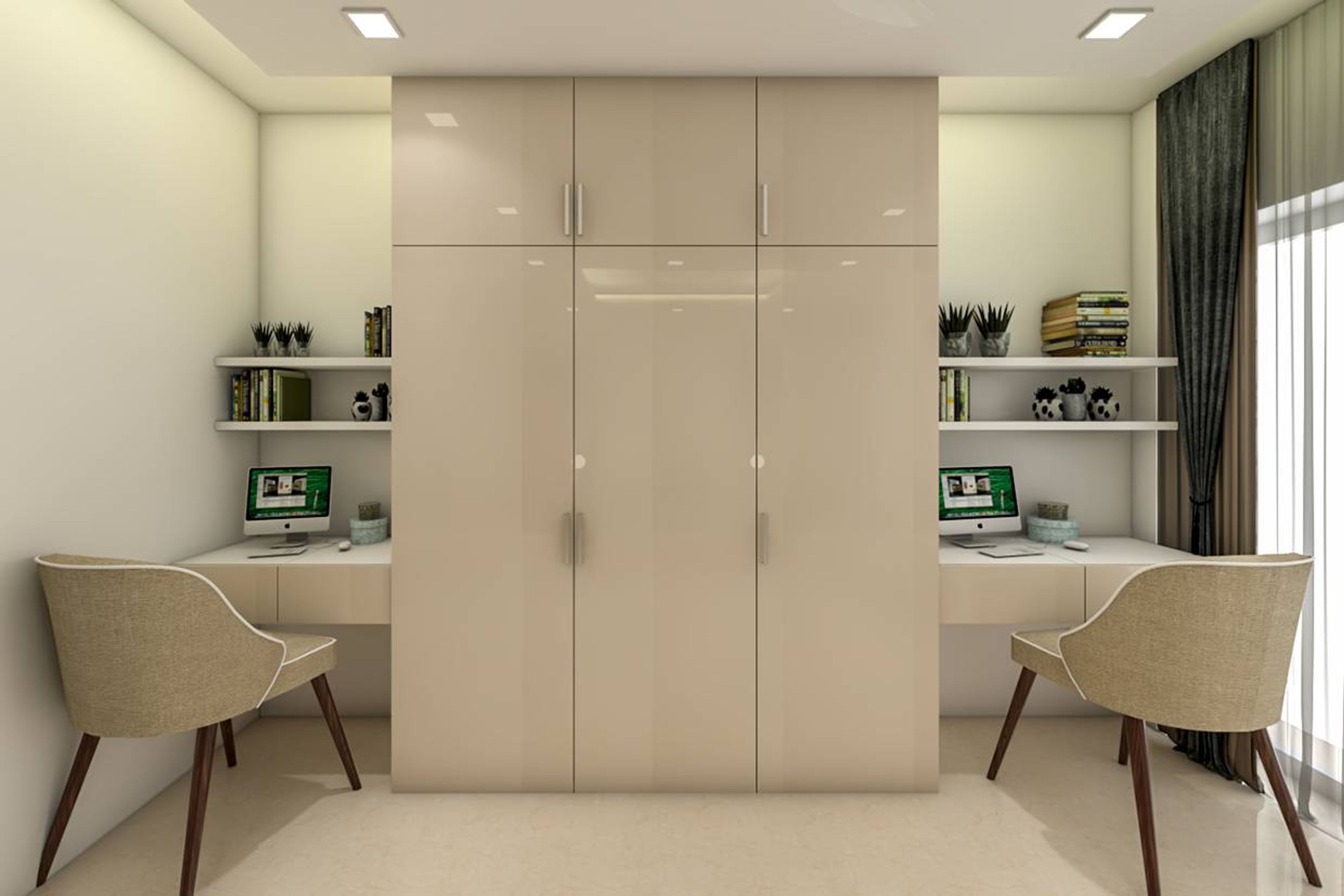 Contemporary Style Spacious Home Office Design With Beige Desk