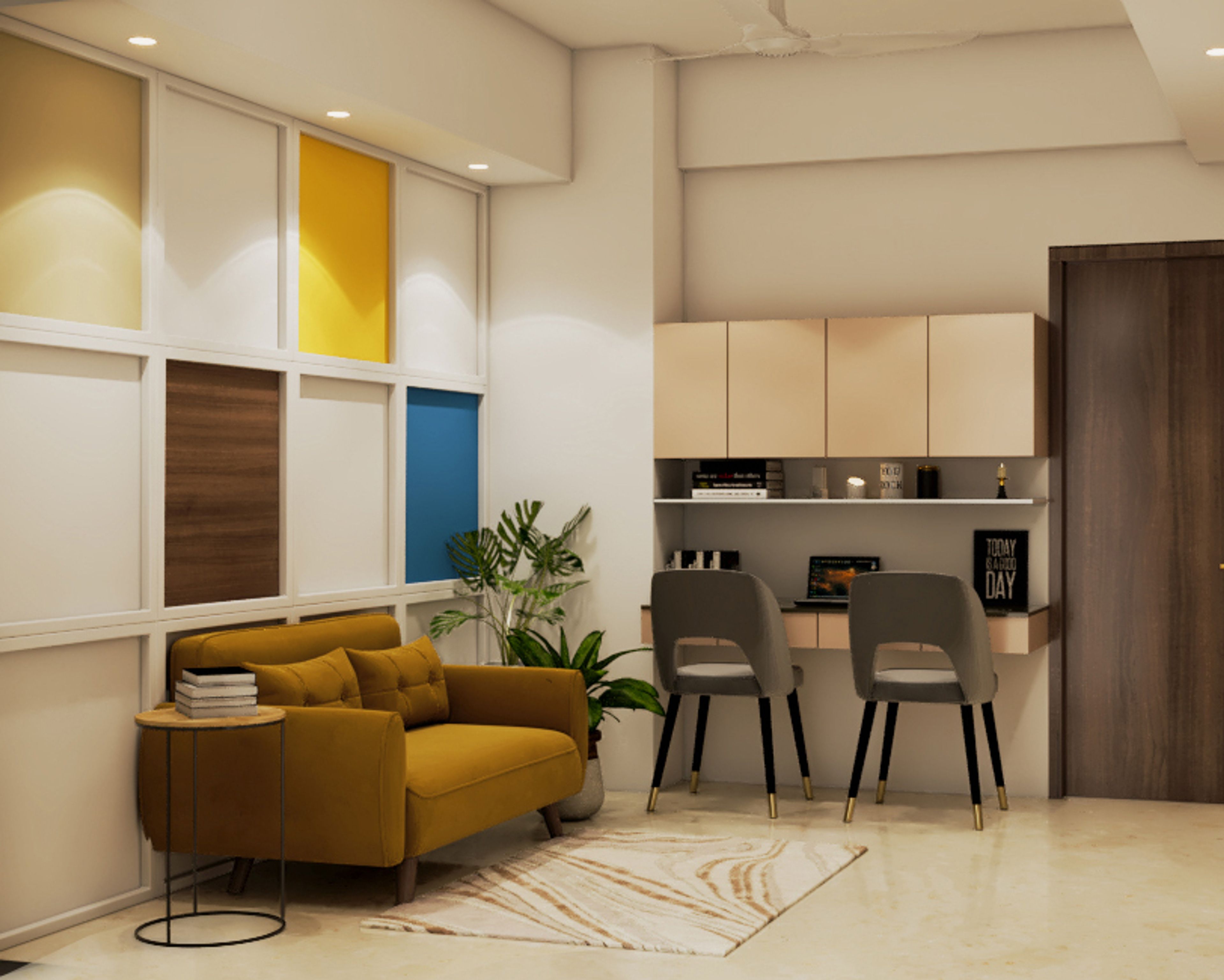 Contemporary Home Office Design With Square Wall Panel