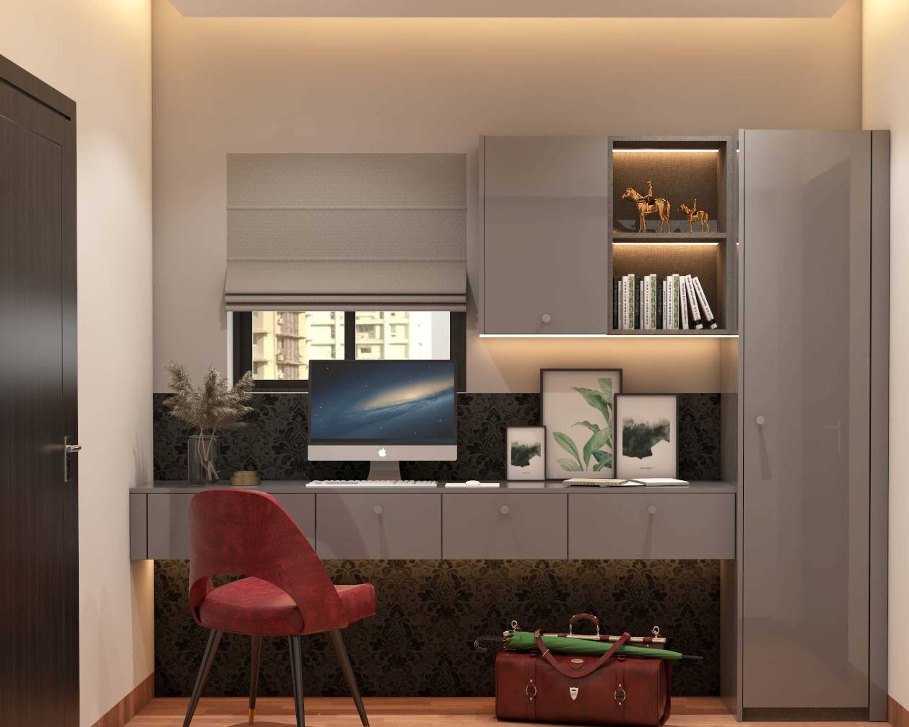 Modern Home Office Design With Unique Wallpaper Design