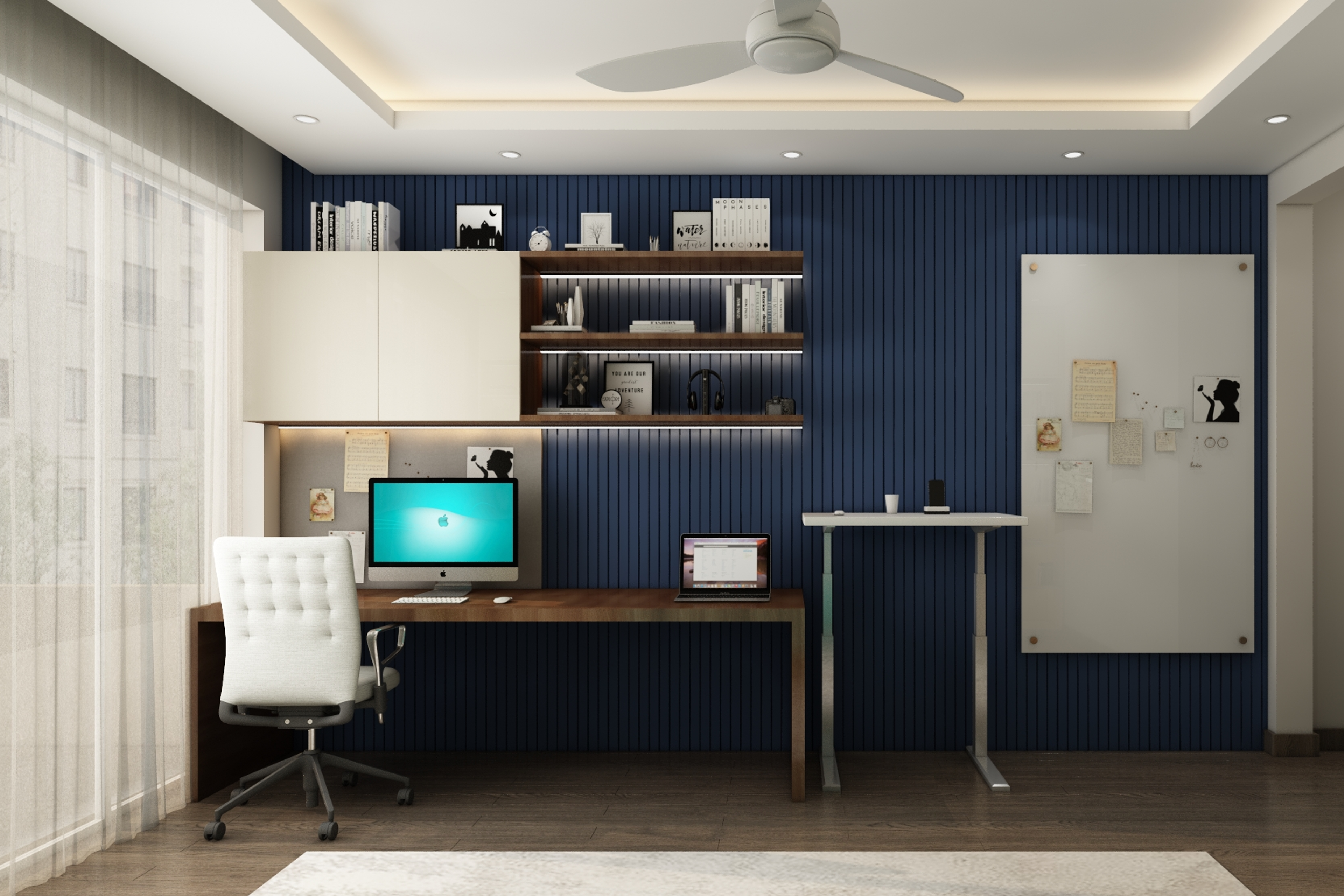 Navy Blue Spacious Home Office Design With Desk