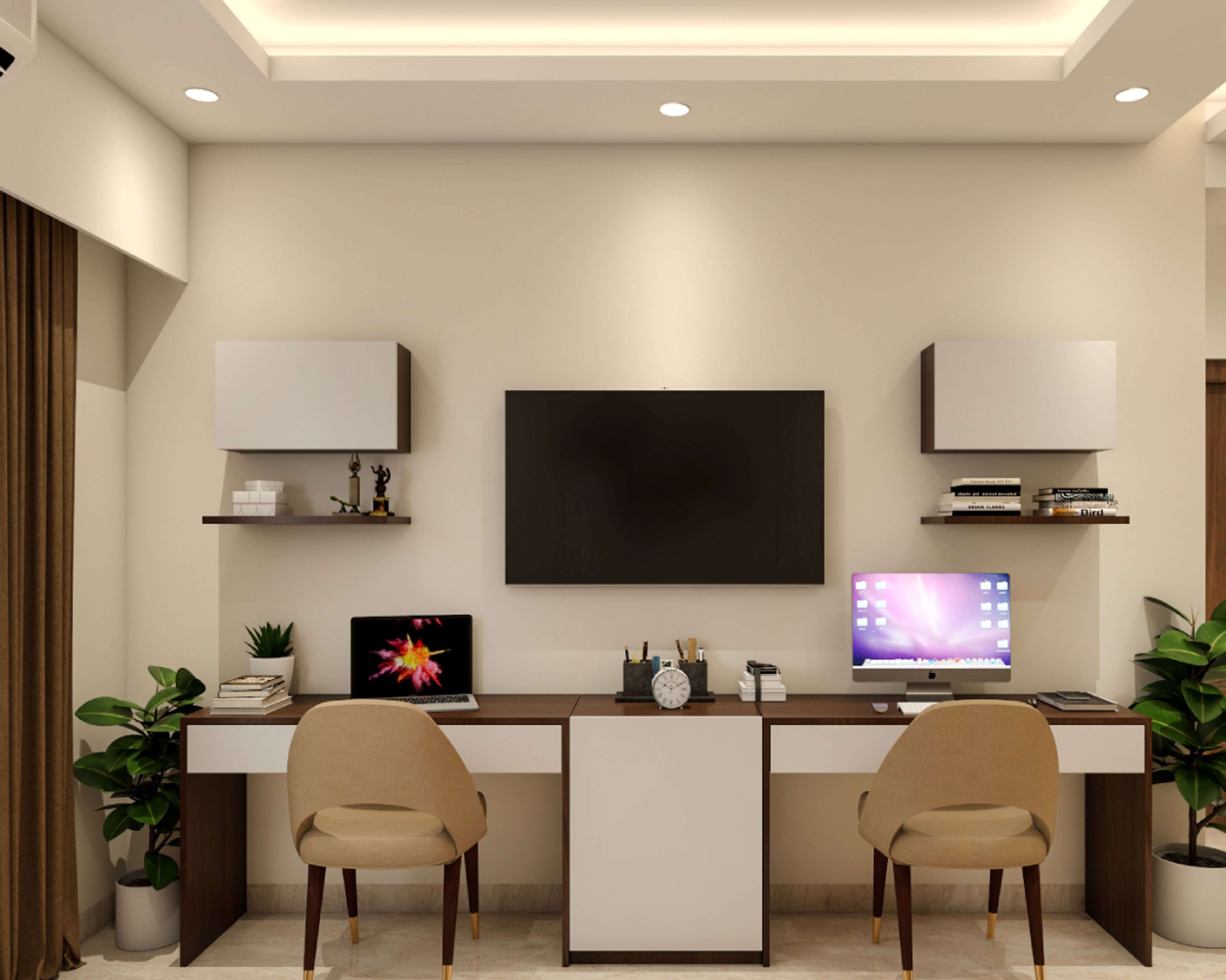 Spacious Modern Style Home Office Design With White Cabinets