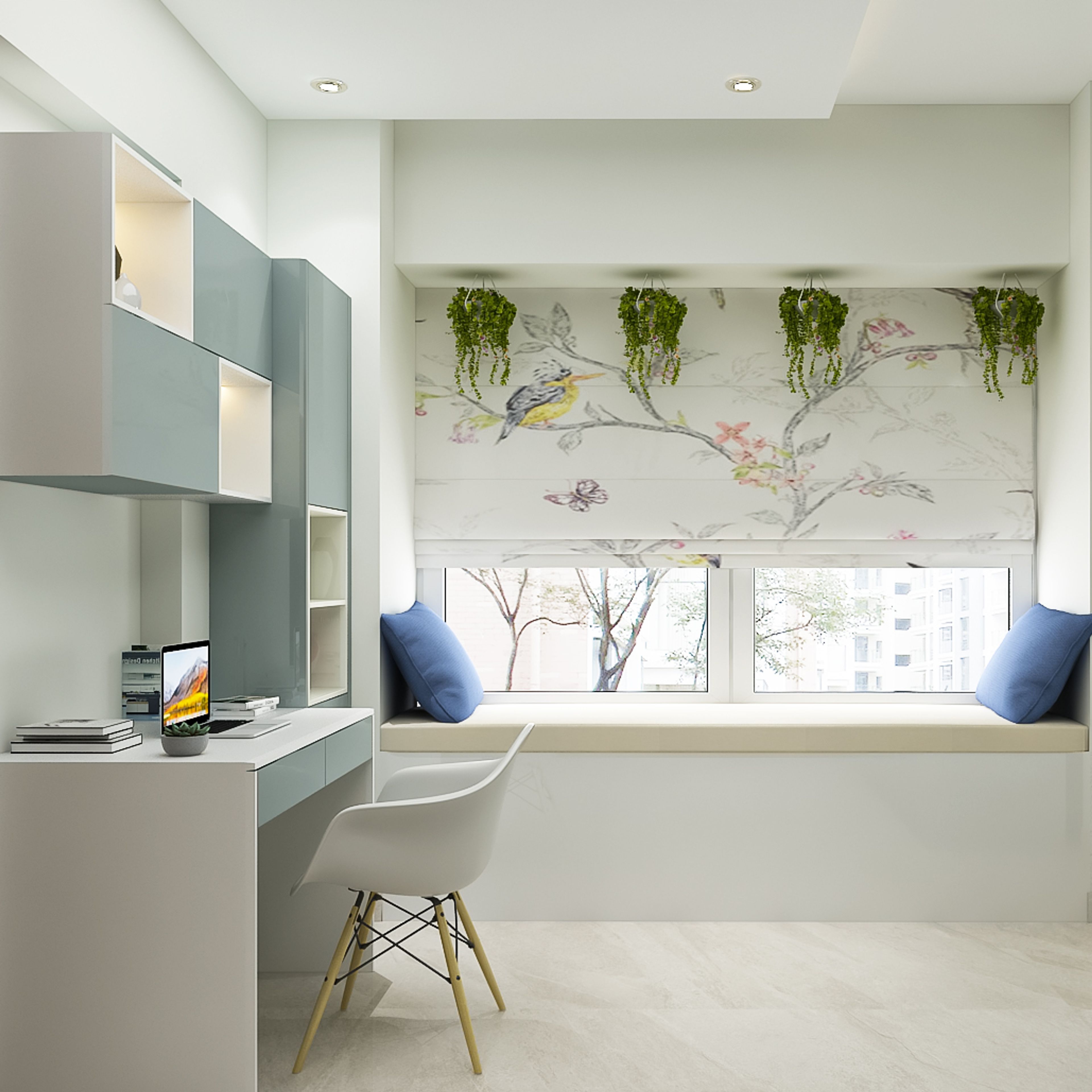 Modern Home Office Design With Mild Grey Study And Cabinets