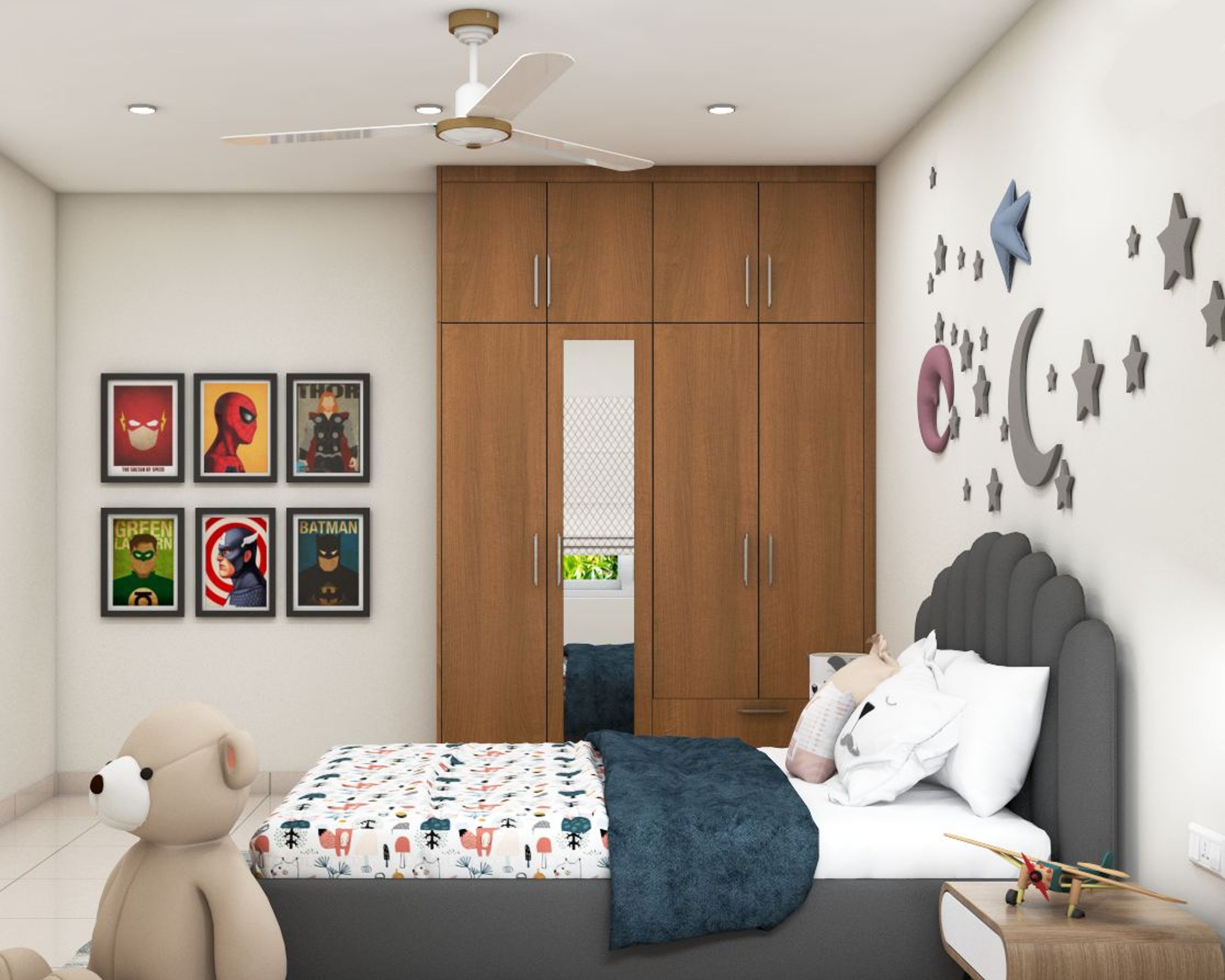 Dark Grey Modern Kid's Bedroom Design With Double Bed