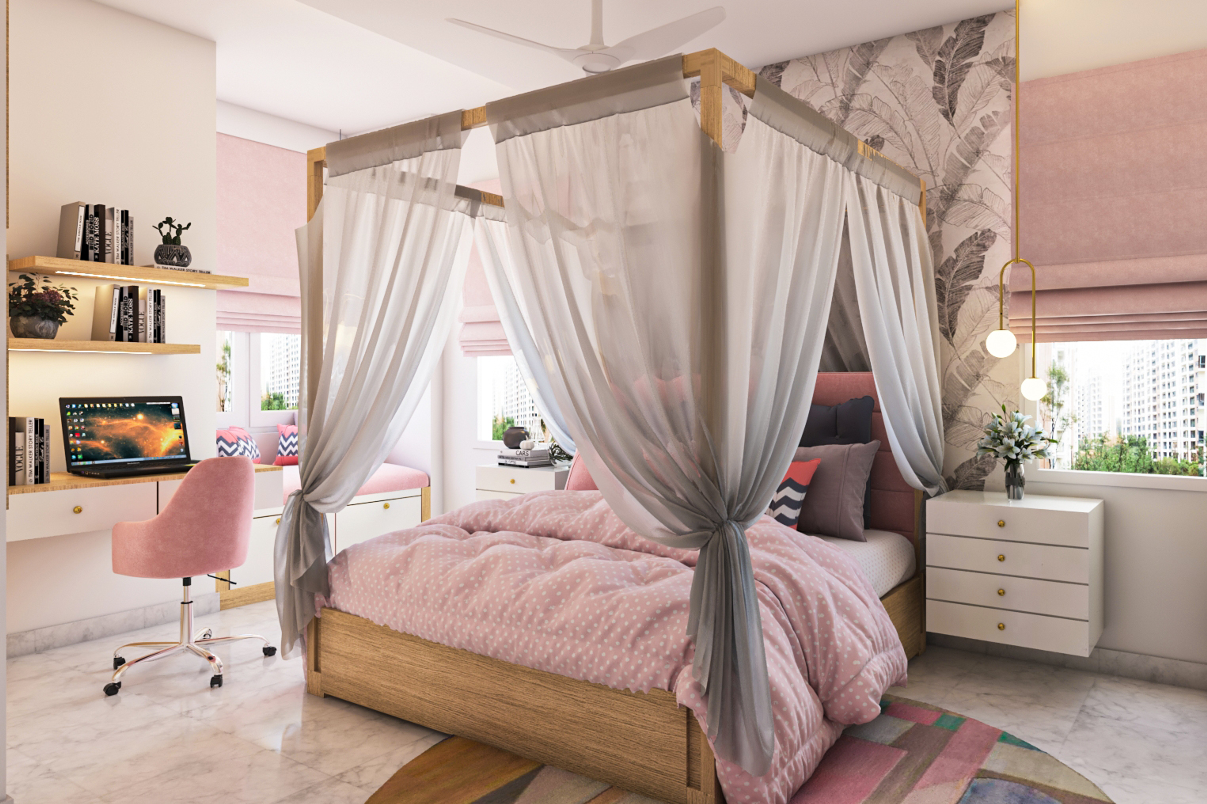 Pink Modern Kid's Bedroom Design With Grey Canopy Bed