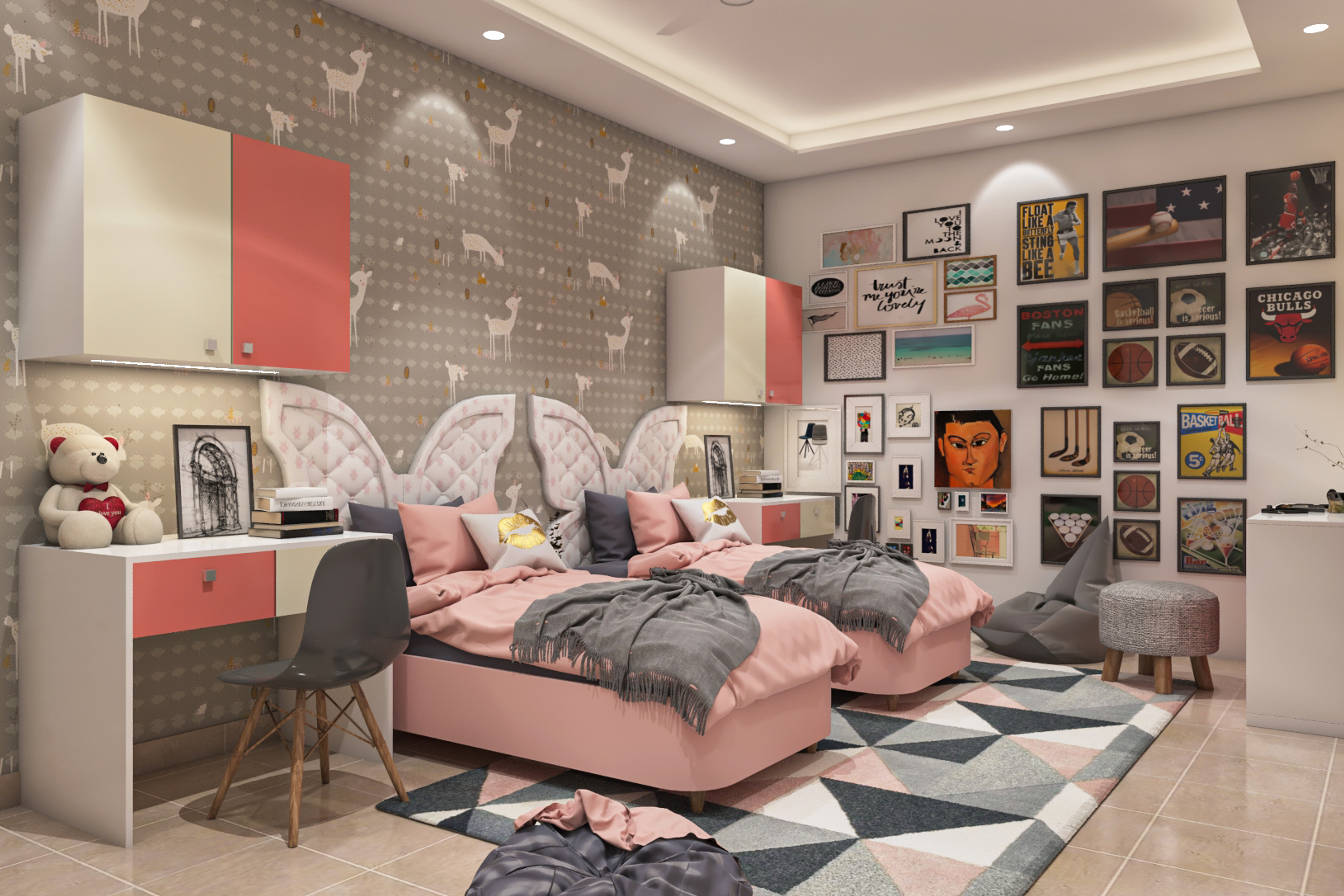Contemporary Kid's Bedroom Design With Twin Pink And Grey Beds