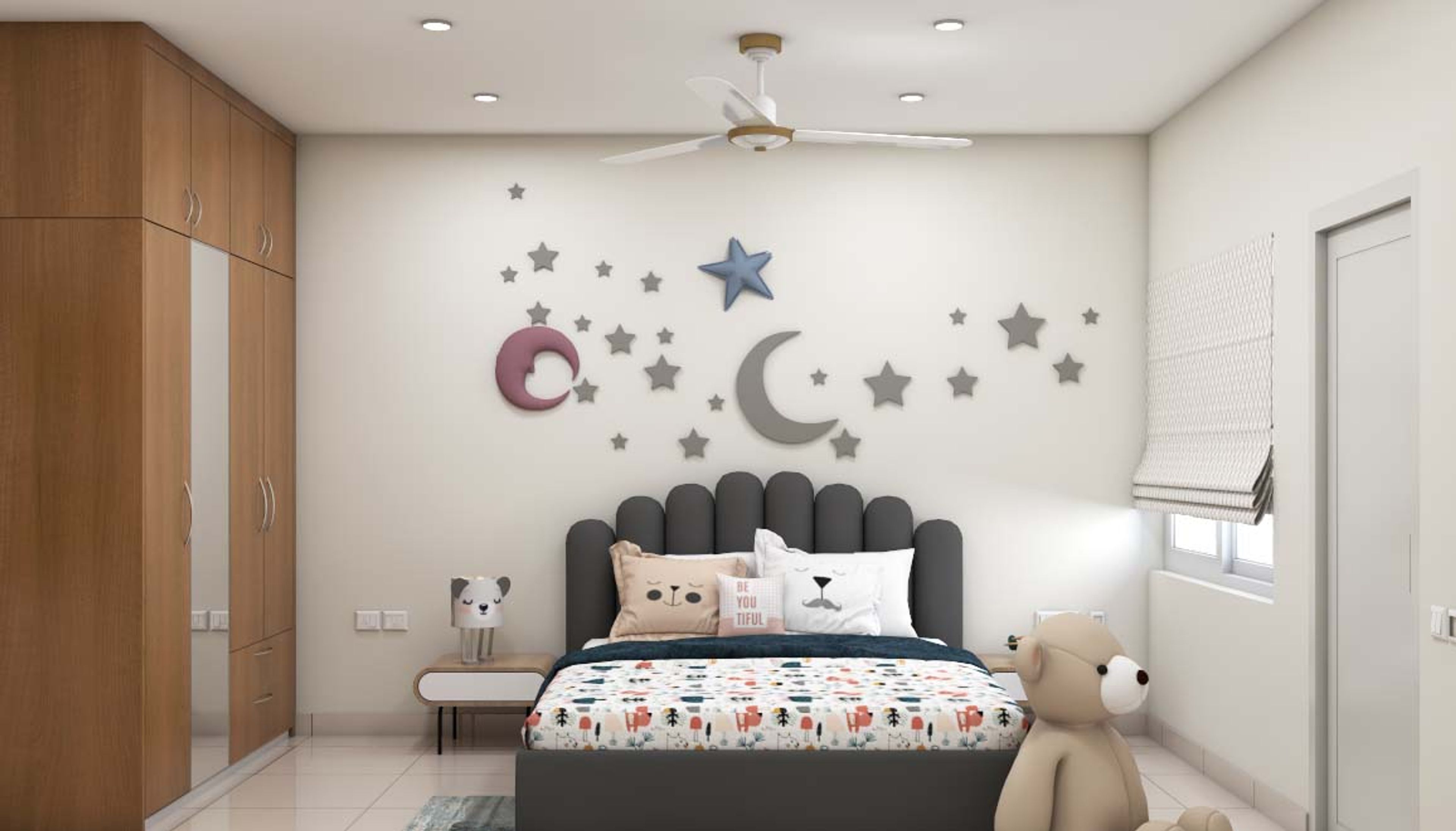 Contemporary Kid's Room Design For Girls With Wooden Wardrobe
