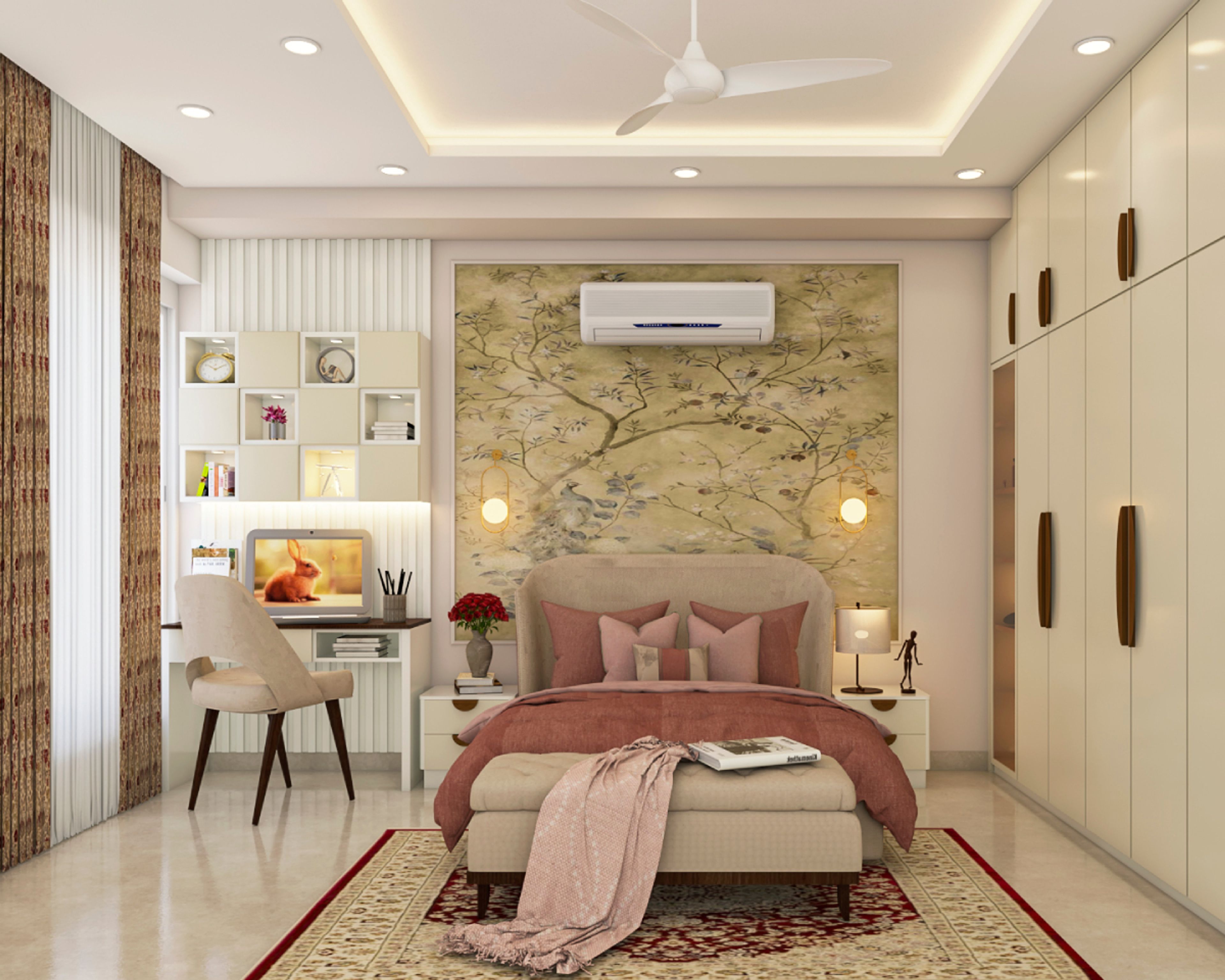 Modern Spacious Kid's Bedroom Design With Floral Accent Wallpaper