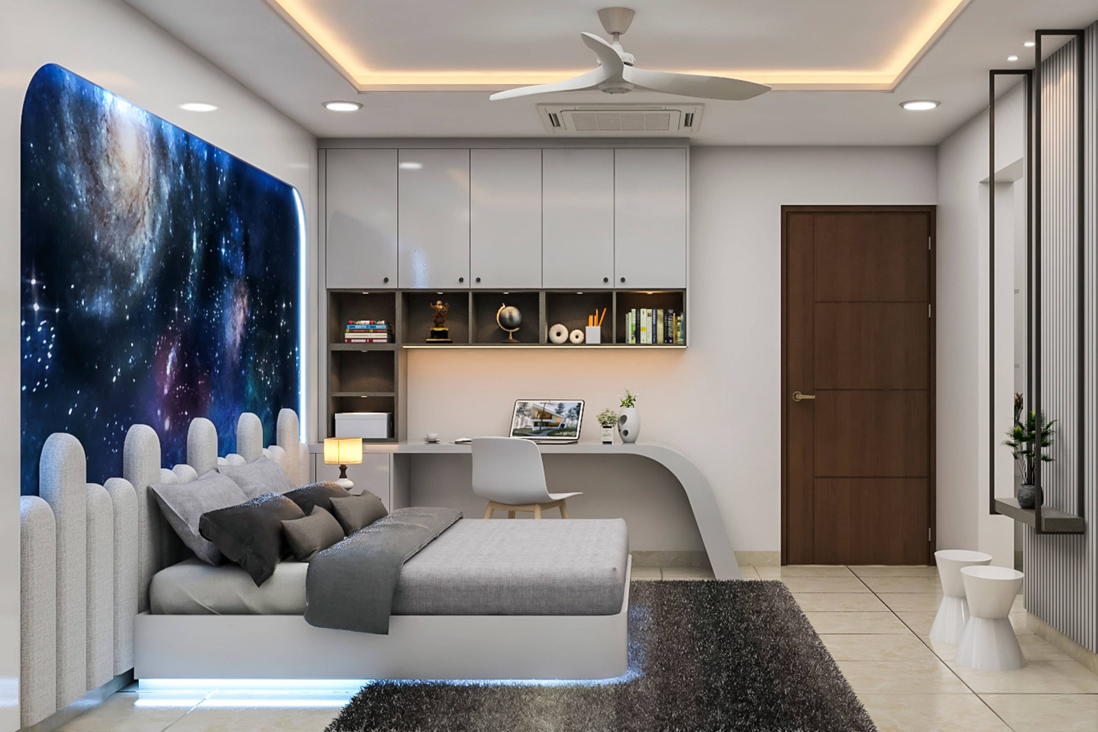 Modern Grey Kid's Bedroom Design With Accent Wall