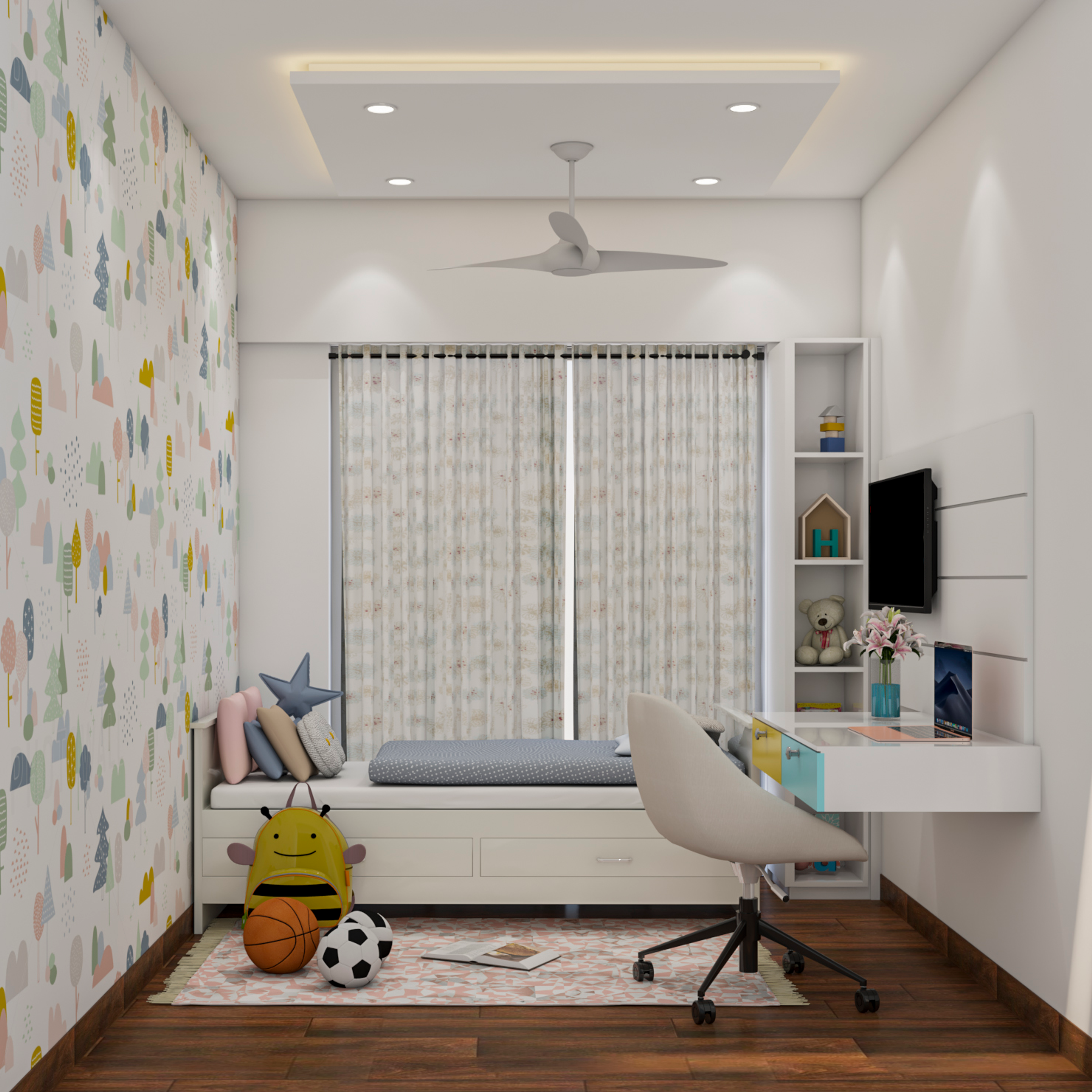 Modern Kid's Bedroom Design With Patterned Wallpaper