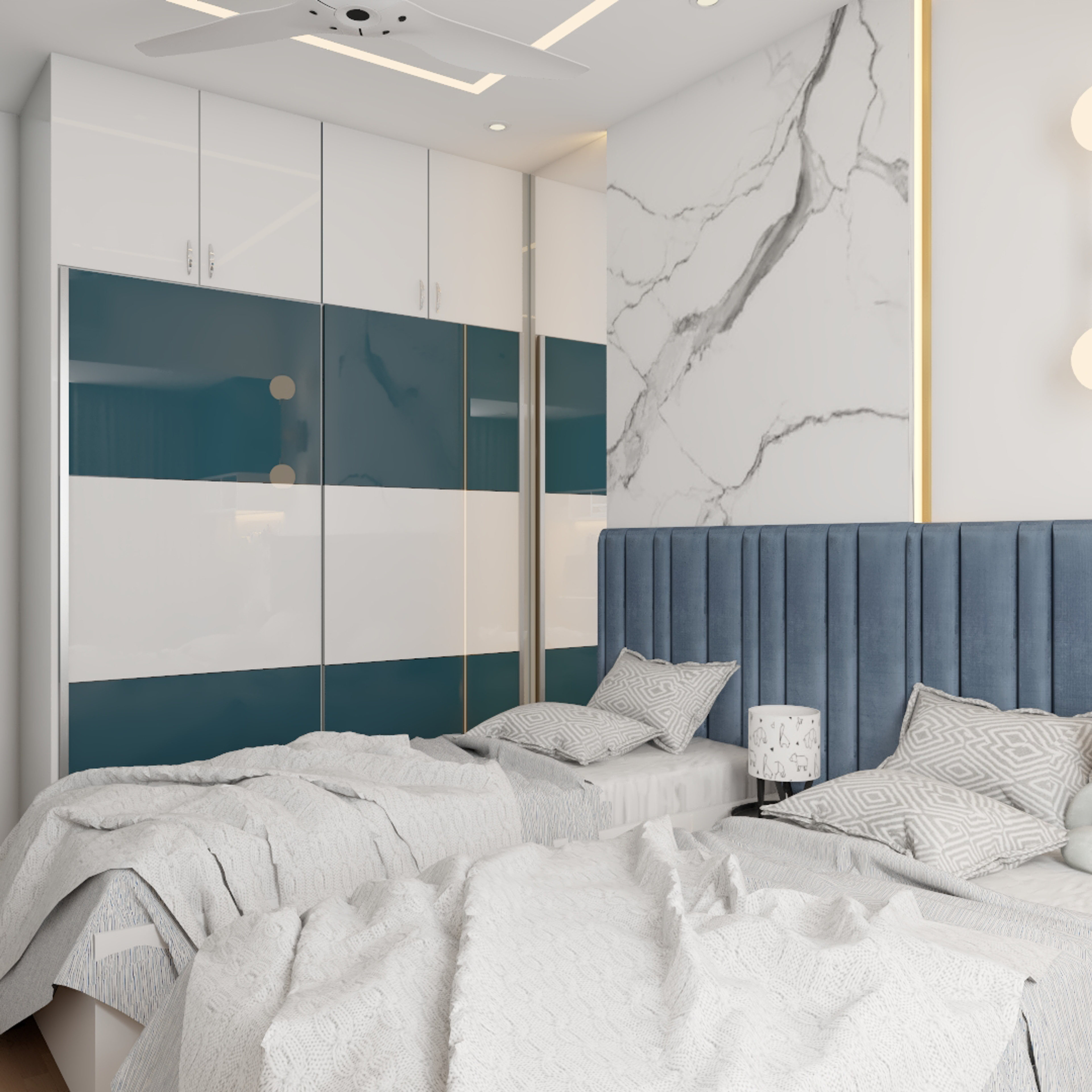 Modern Kid's Bedroom Design With Blue Headboard