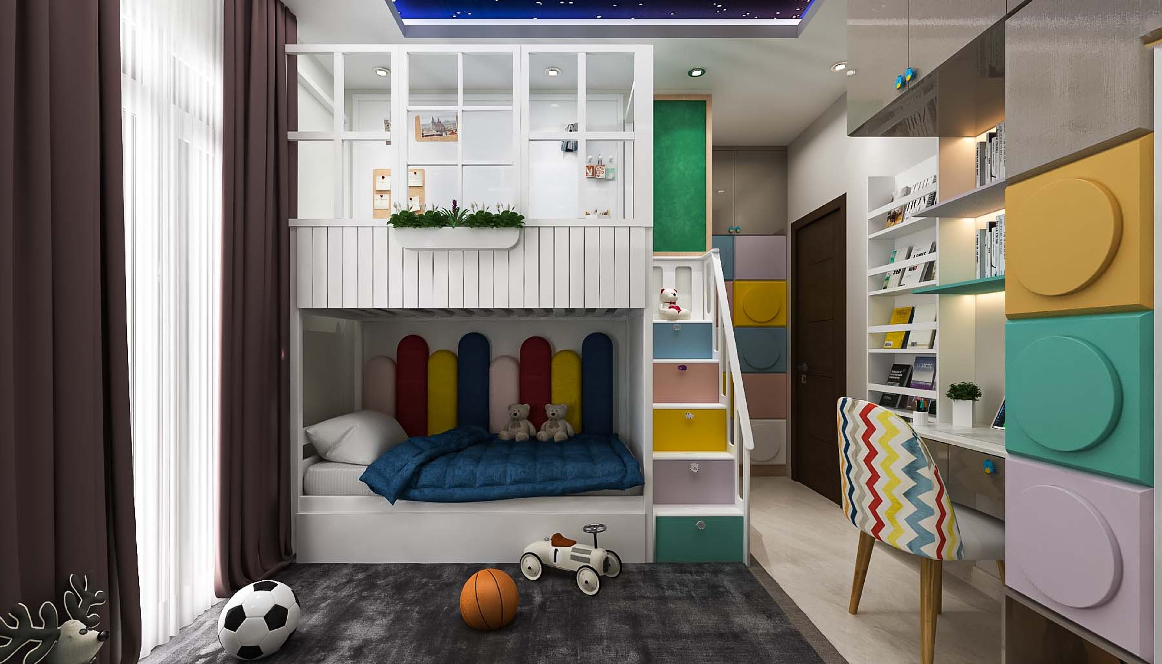 Modern Spacious Kid’s Bedroom Design With Bunk Beds