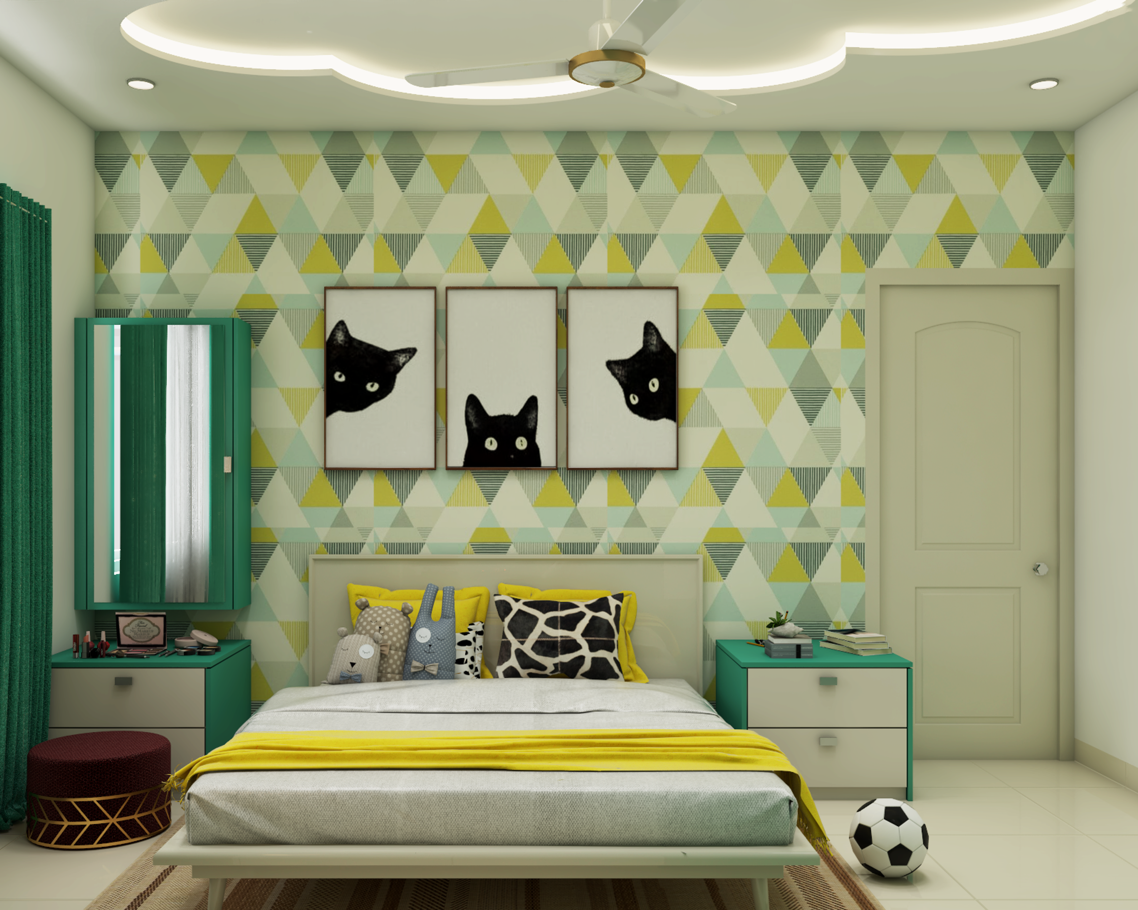 Modern Kid's Bedroom Design With Yellow And Green Accent Wall