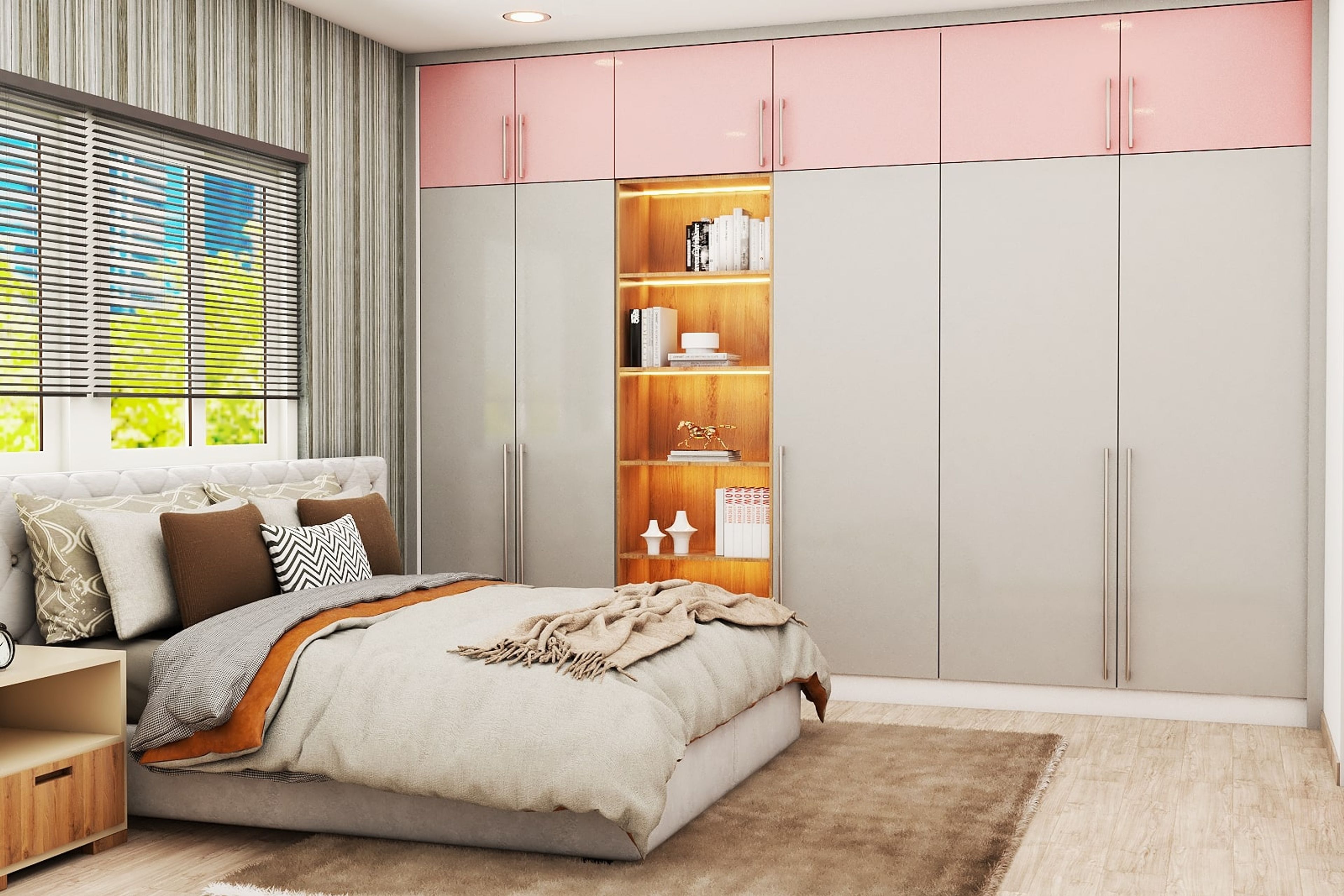 Contemporary Kid's Bedroom Design With Grey And Pink Wardrobe