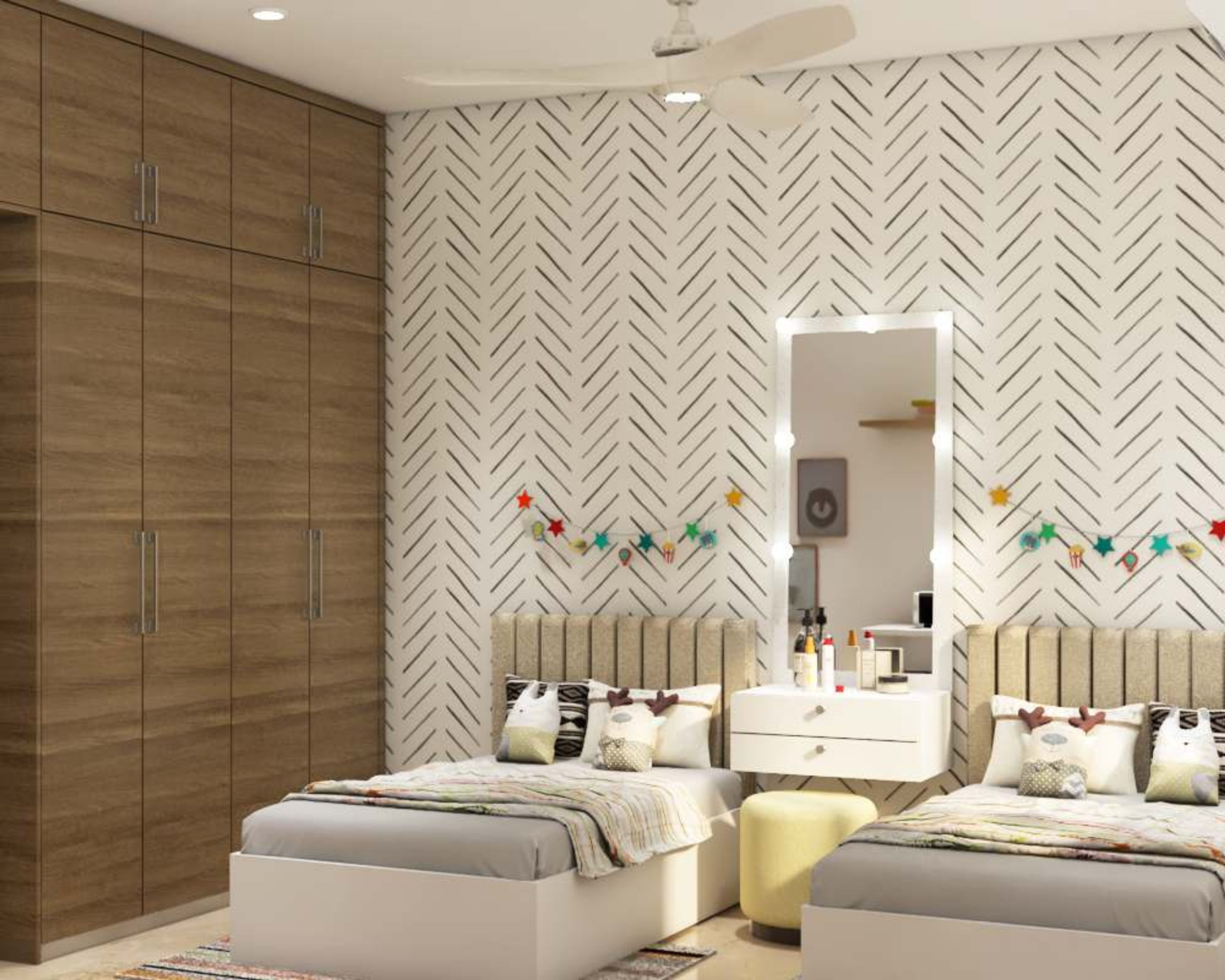 Neutral-Themed Kid's Bedroom with Wooden Study and Wardrobe - Livspace