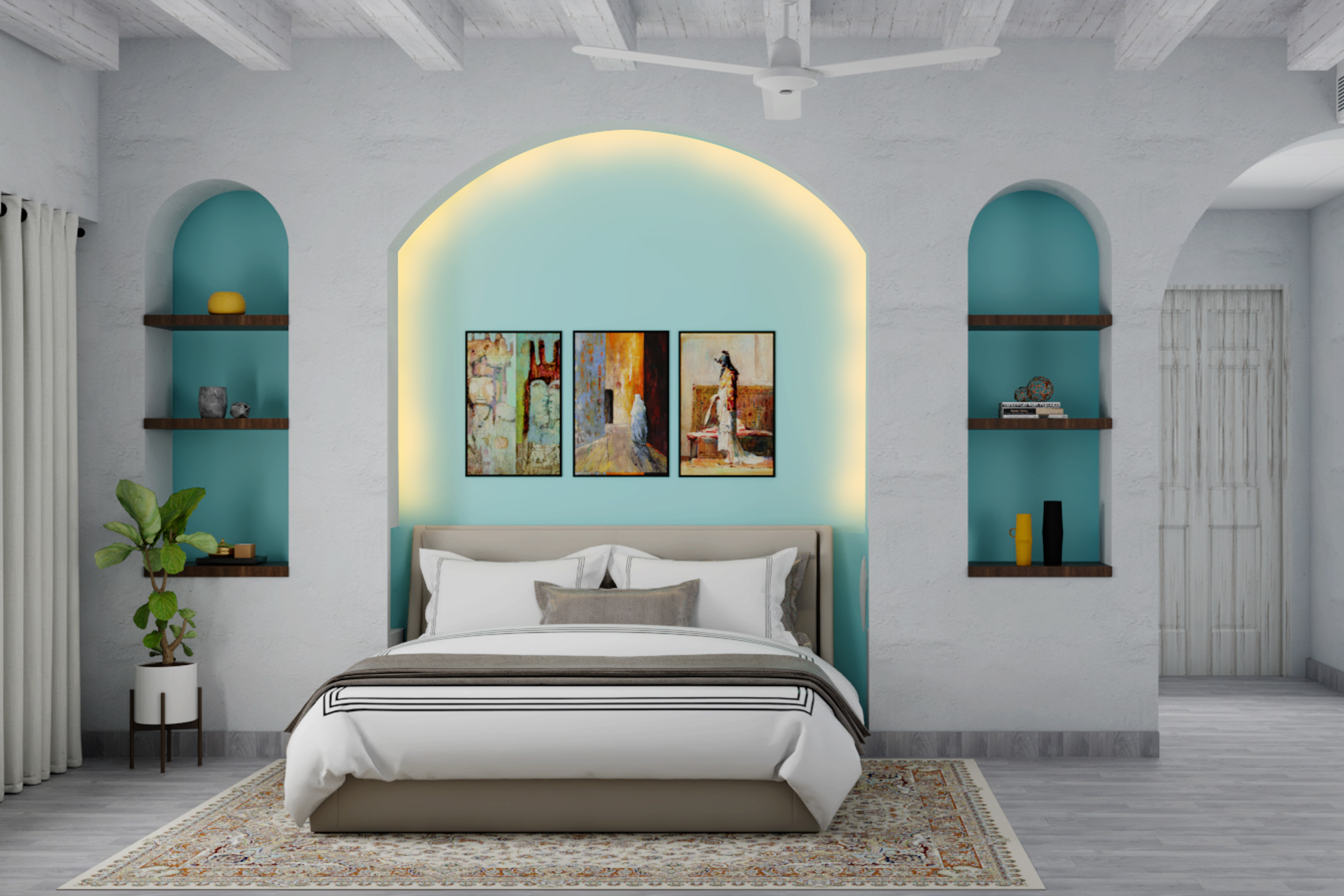 Guest Bedroom Designed With Eclectic Interiors And Strip Lights