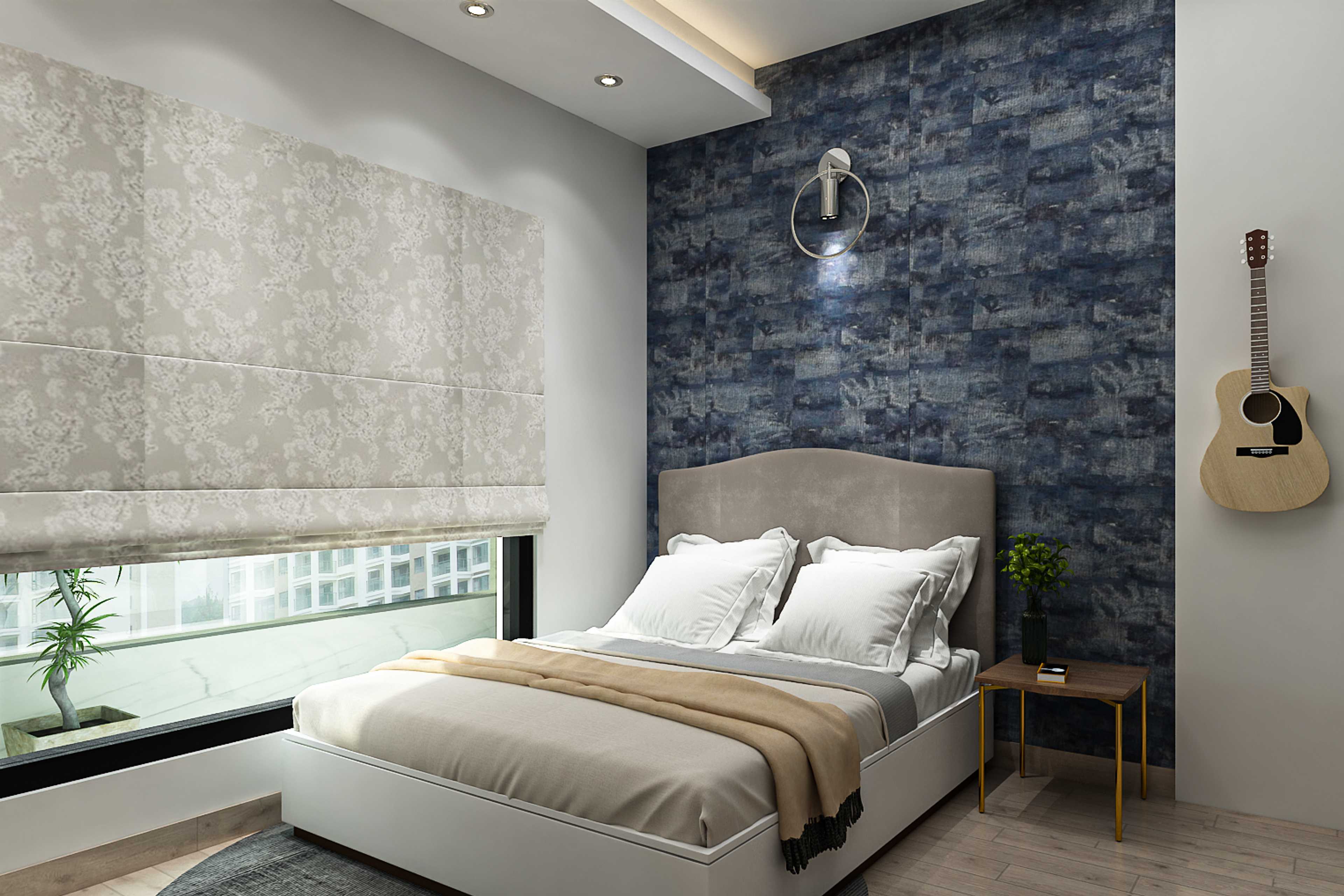 Contemporary Kid's Bedroom Design With Dark Blue Accent Wall