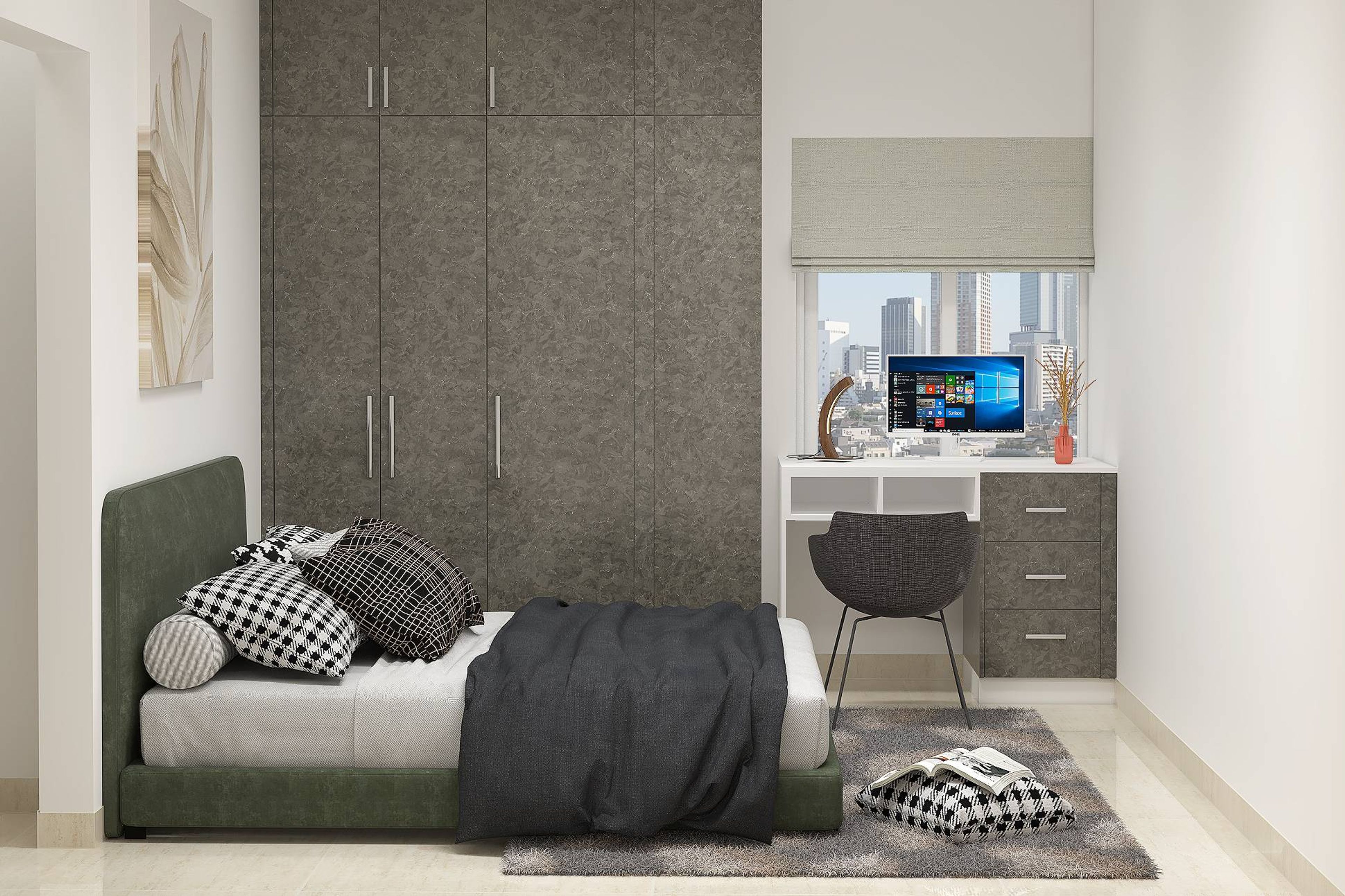 Modern Grey Kid's Bedroom Design With Study Desk