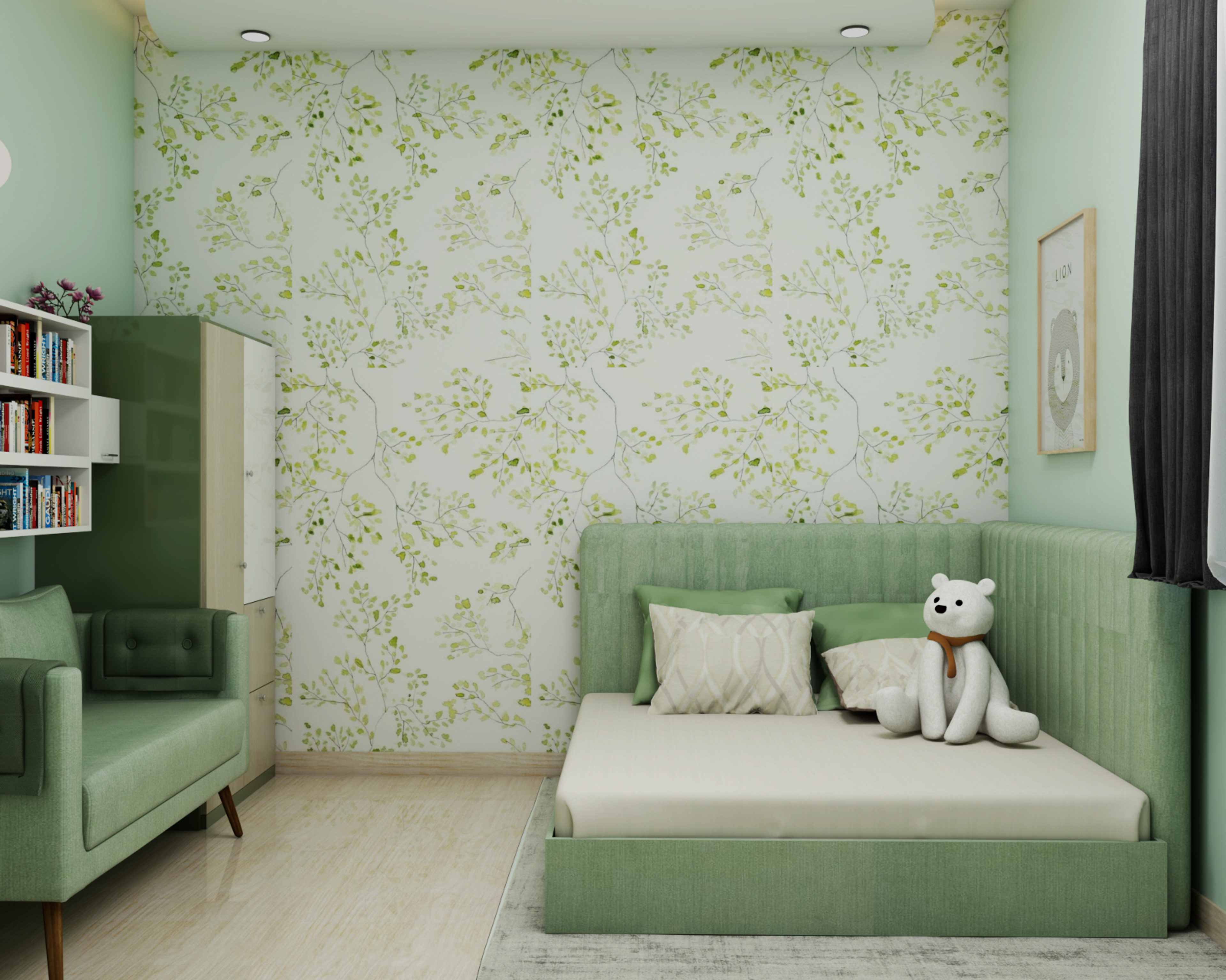 Contemporary Green Kid's Bedroom Design With Wardrobe And Sofa