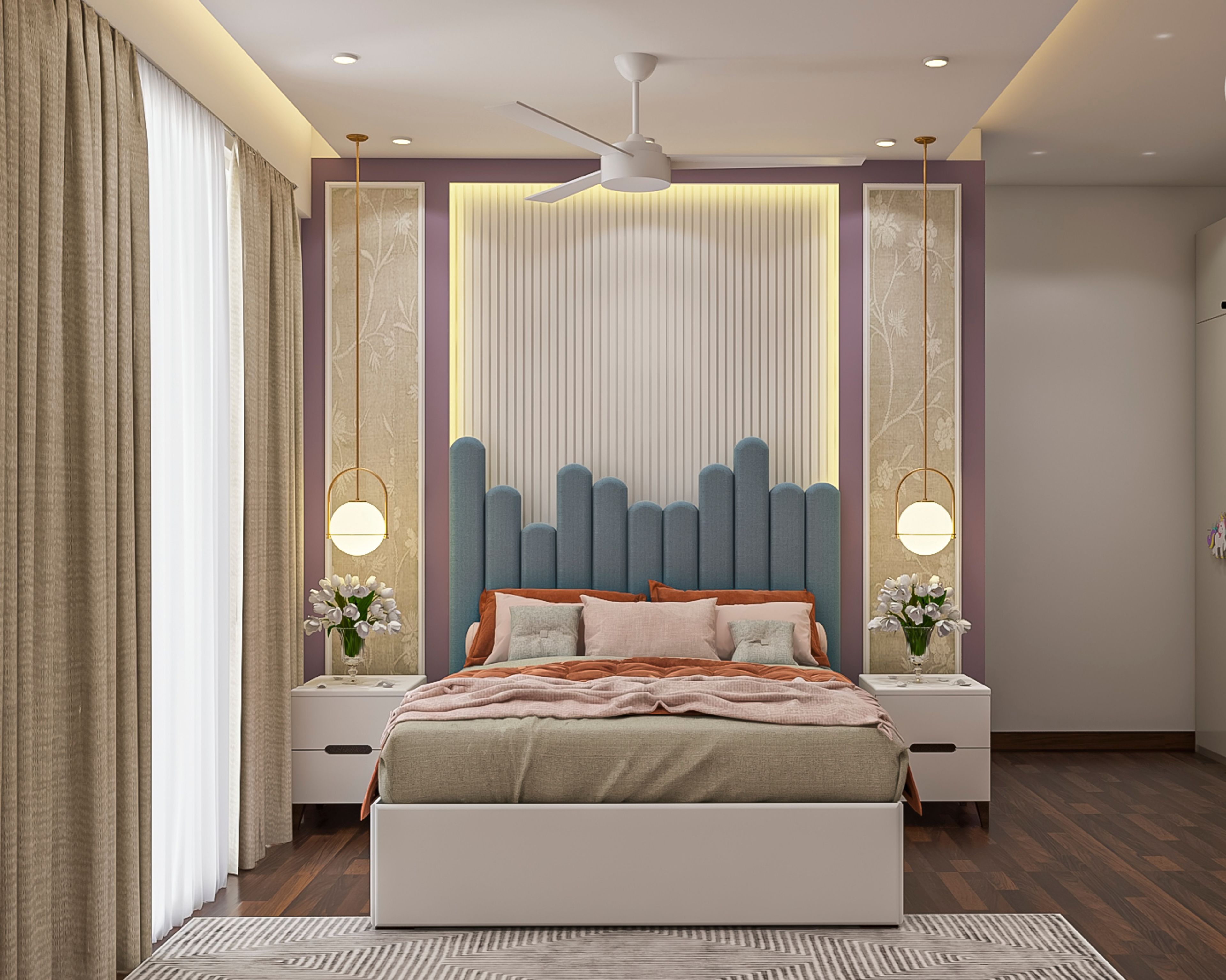 Modern Purple-Toned Kid's Bedroom Design With Open And Closed Wardrobe