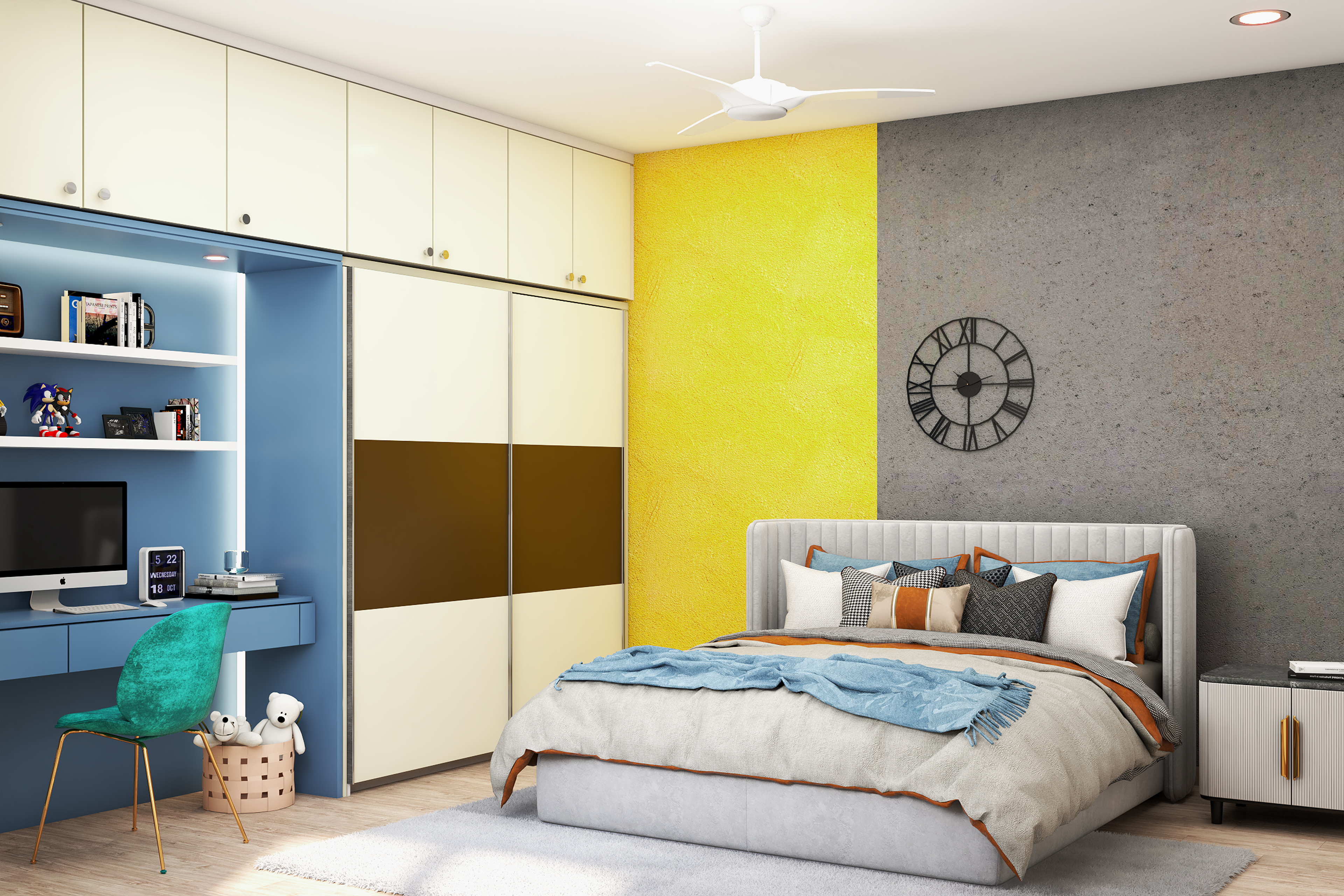 Spacious And Colourful Kids Bedroom Design With Small Study Room