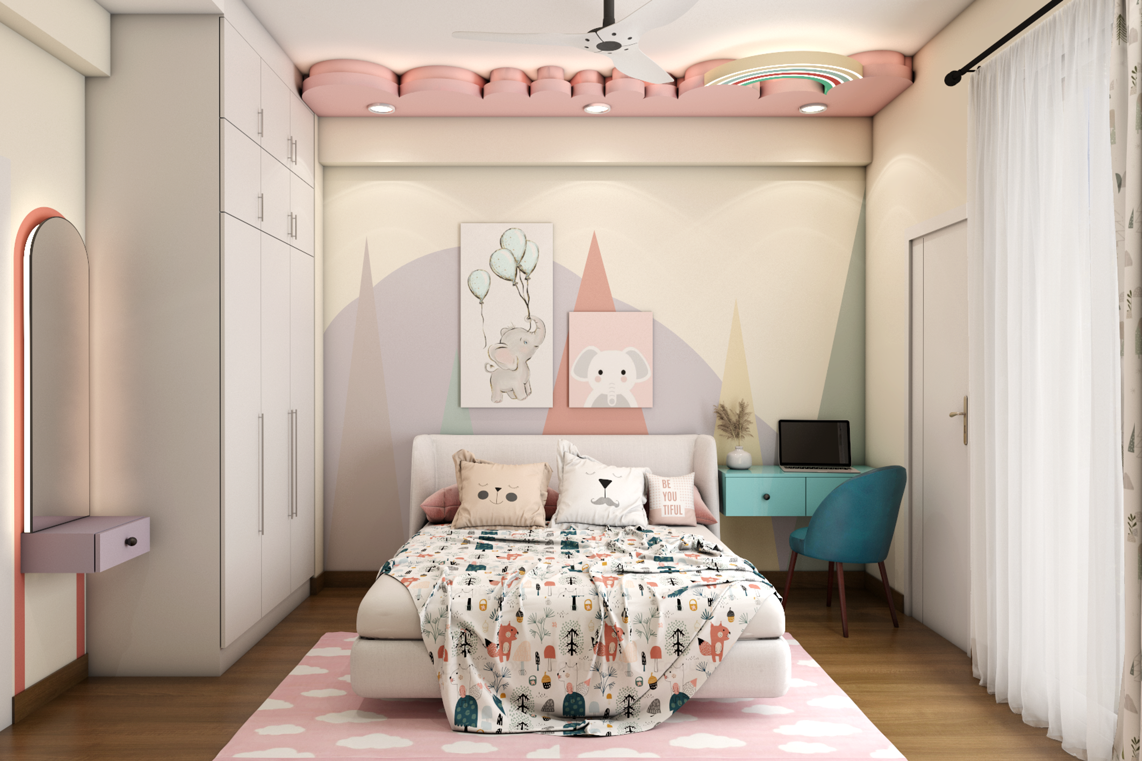 Modern Pink Kid's Bedroom Design With False Ceiling