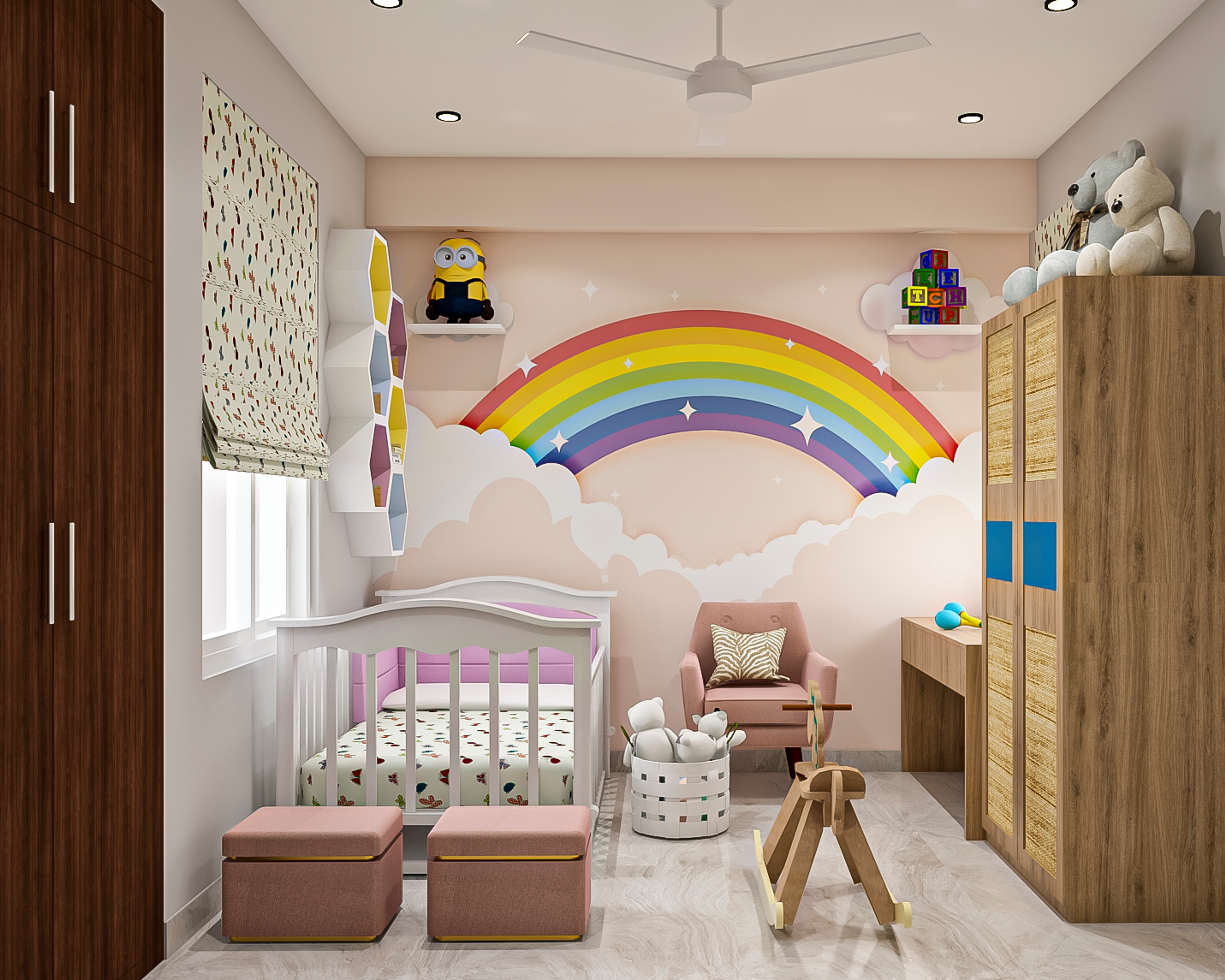 Modern Kid's Bedroom Design With Crib And Rainbow Wallpaper