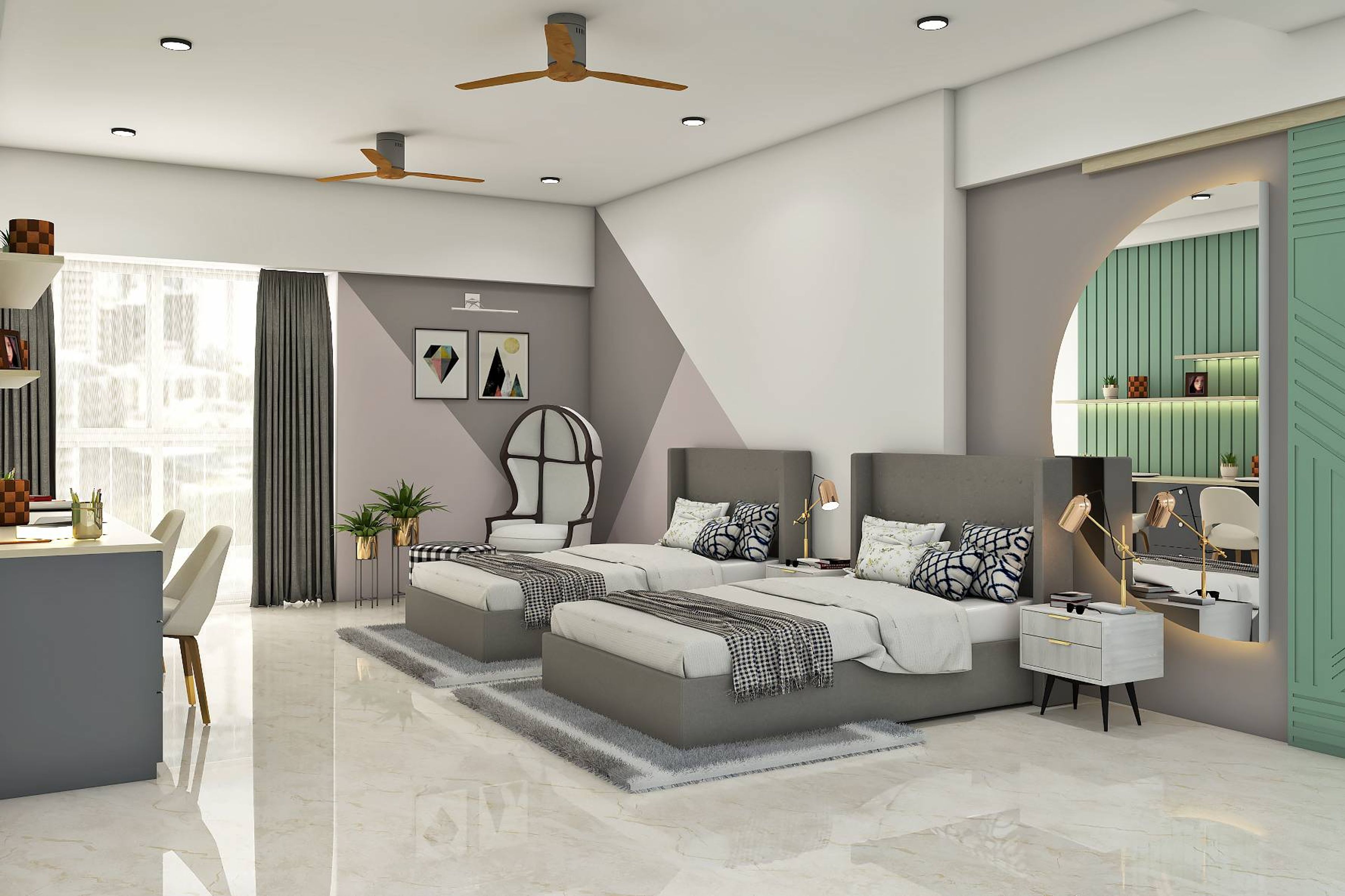 Spacious Twin Kid's Bedroom Design In Grey