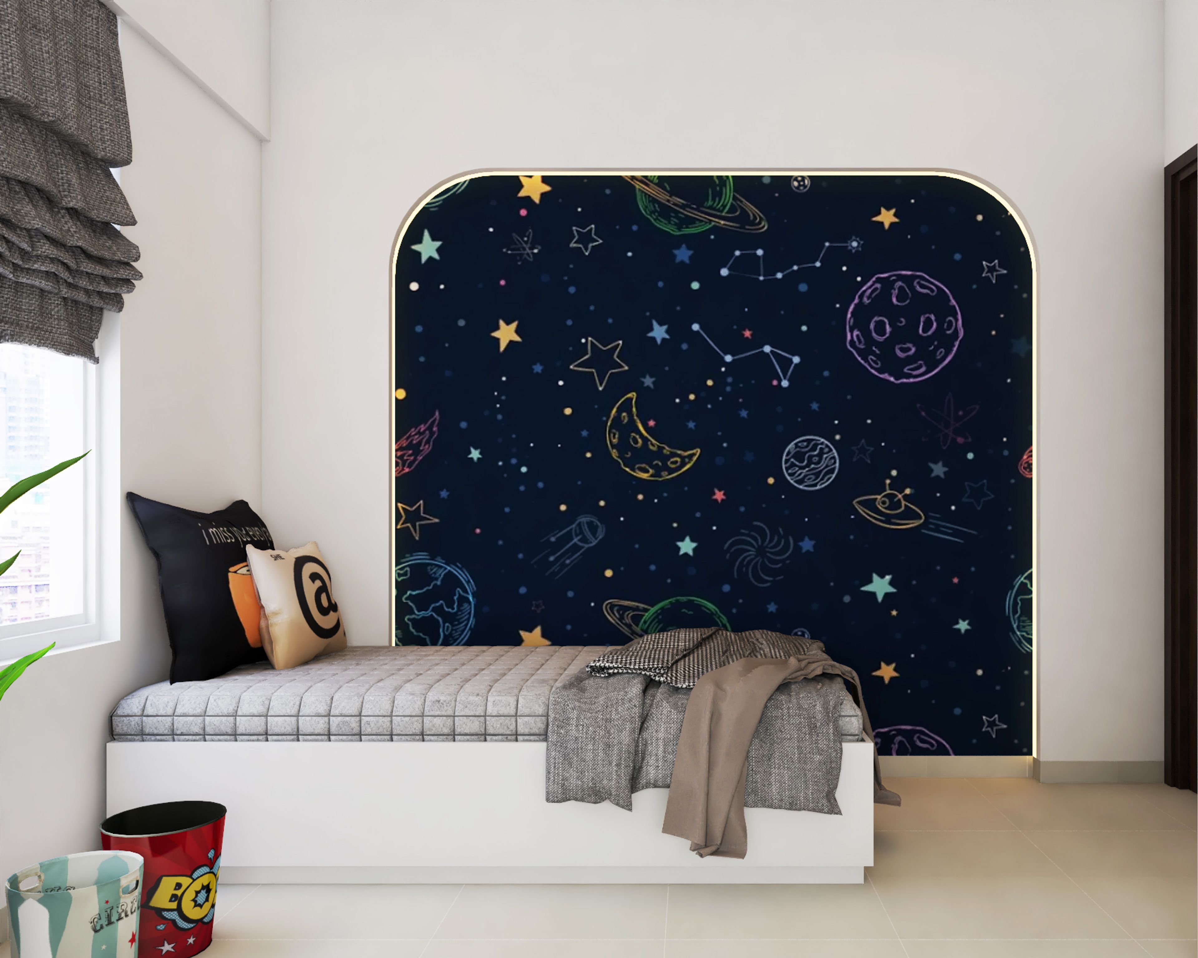 Contemporary Kid's Bedroom Design With Space Wallpaper