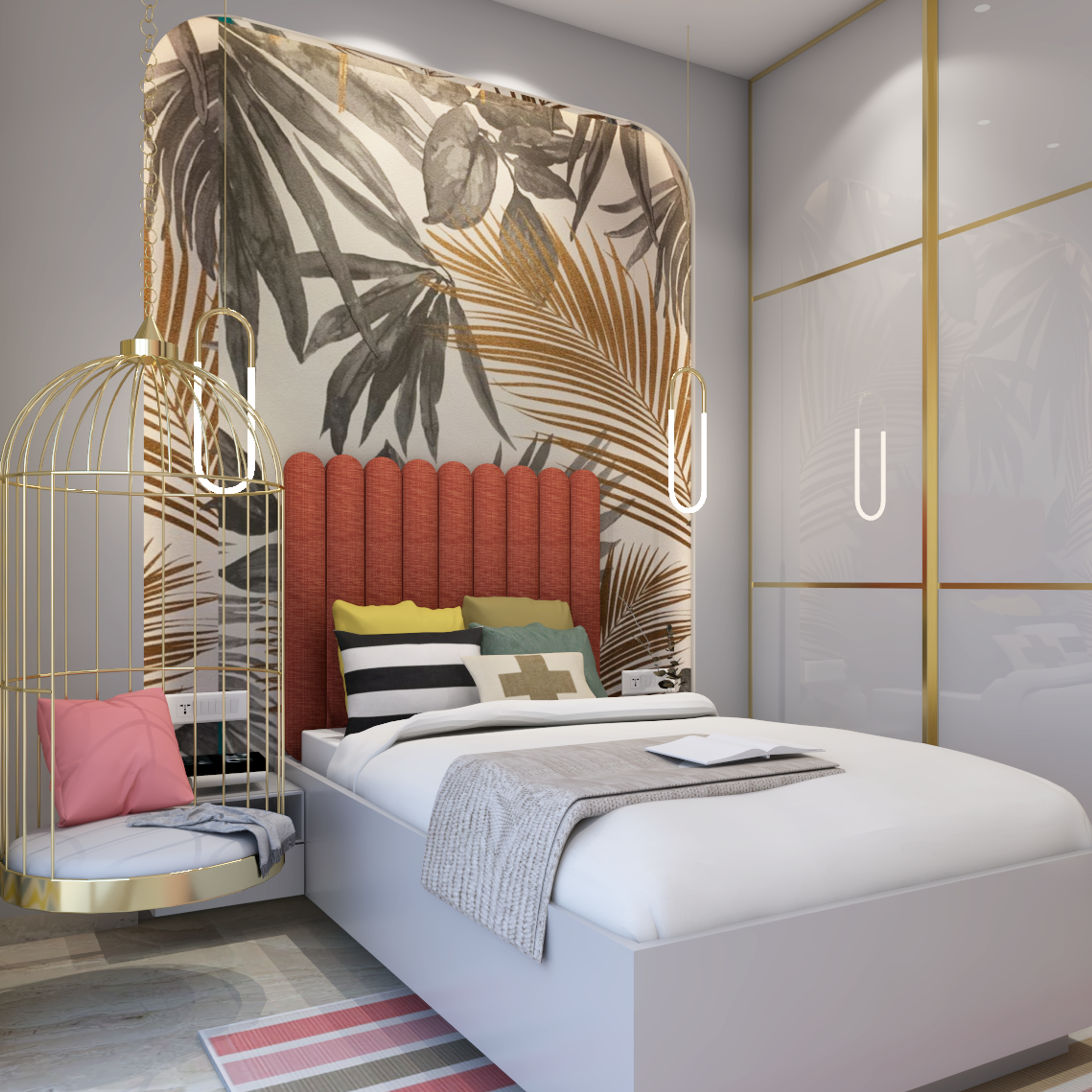Tropical Kid's Bedroom Design With Wallpaper And Trendy Swing