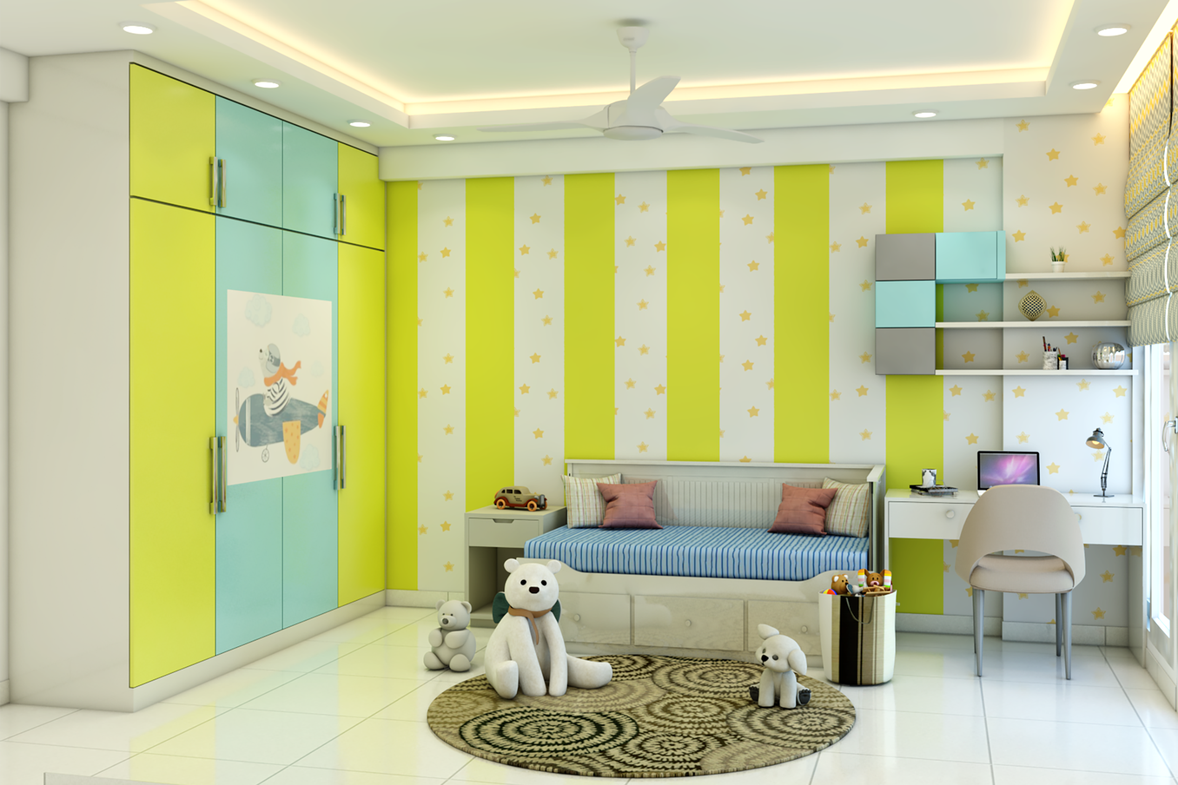 Modern Style Kids Bedroom Design In Yellow And White