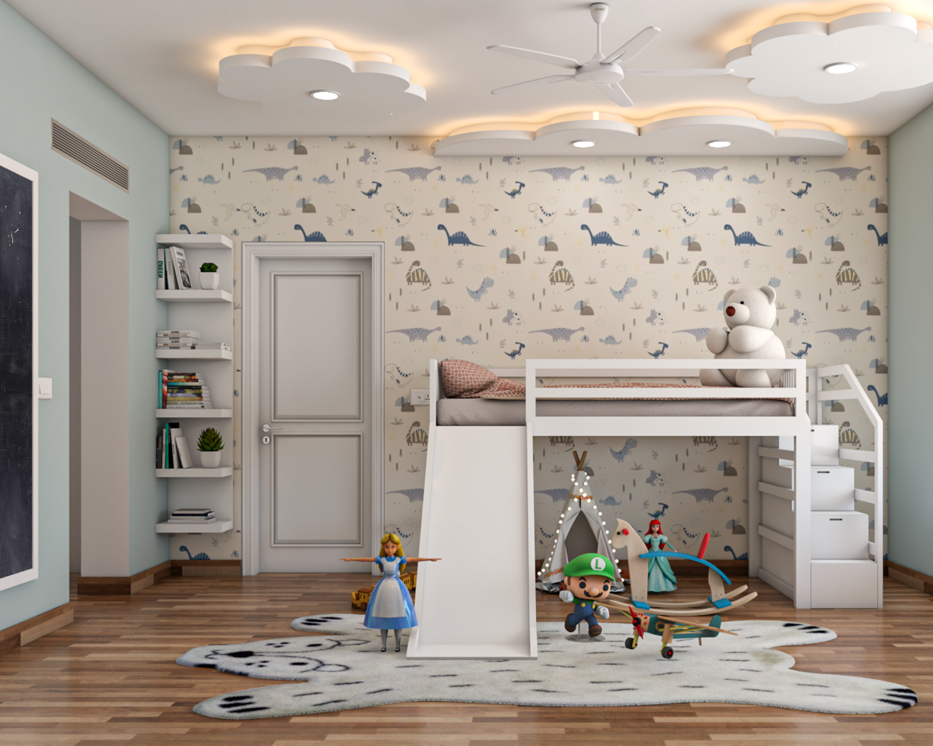 Modern Kid's Bedroom Design With Cloud-Shaped False Ceiling