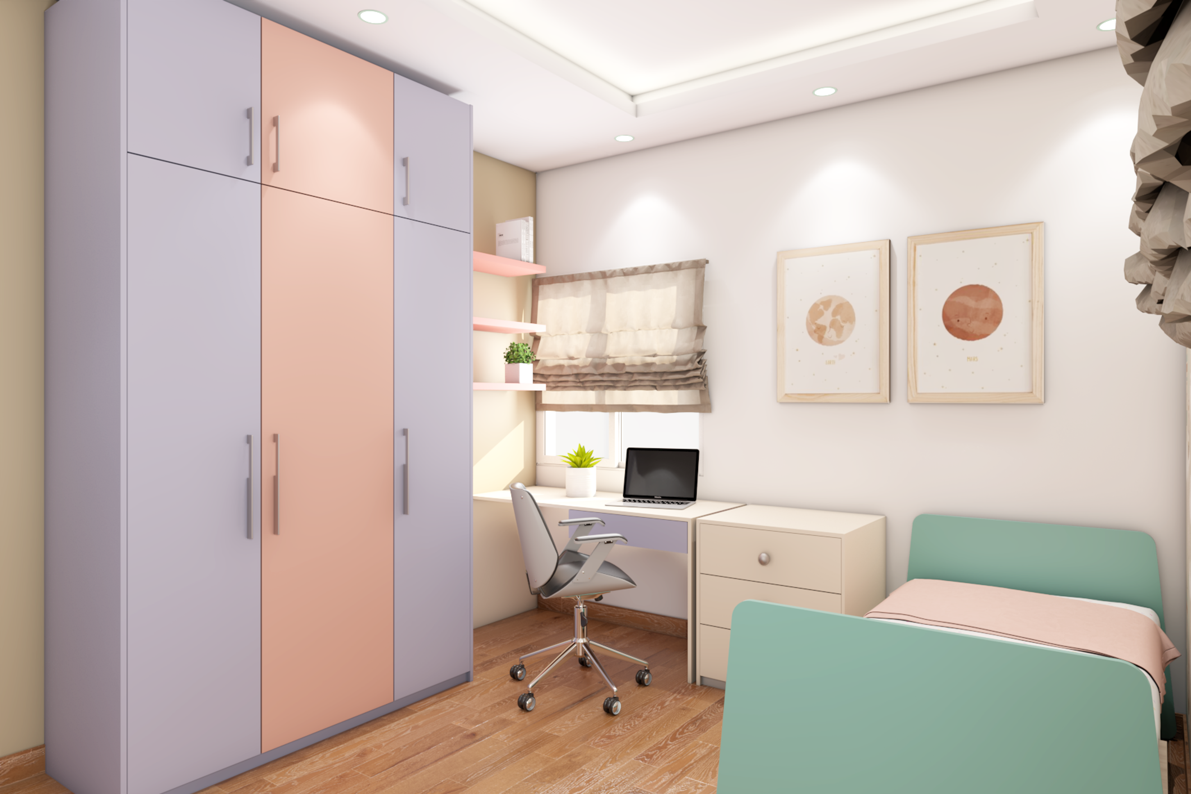 Modern Multi-Functional Kid's Bedroom Design In Pastel Colours And A Study Table