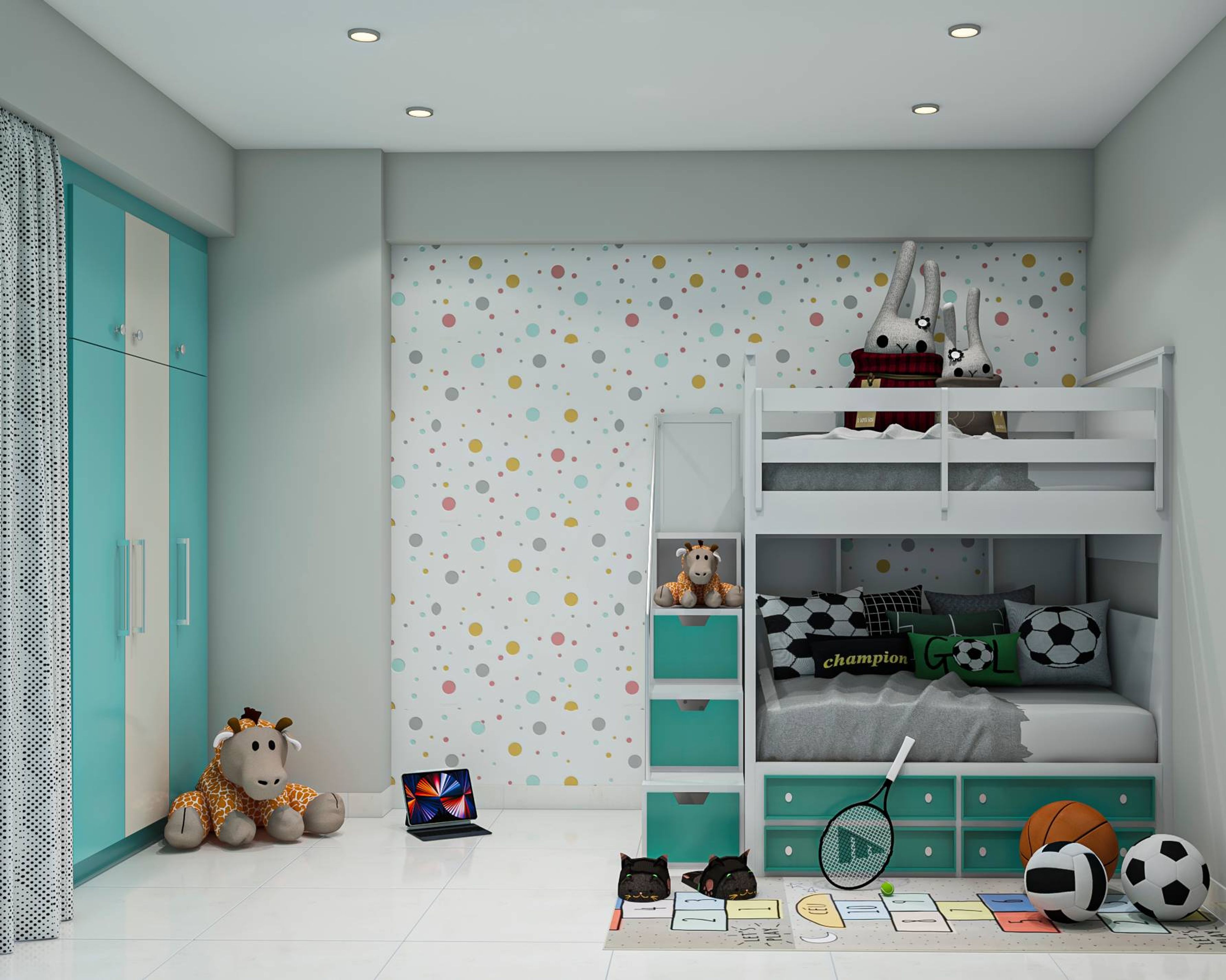 Contemporary Kid's Bedroom Design With White And Blue Interiors