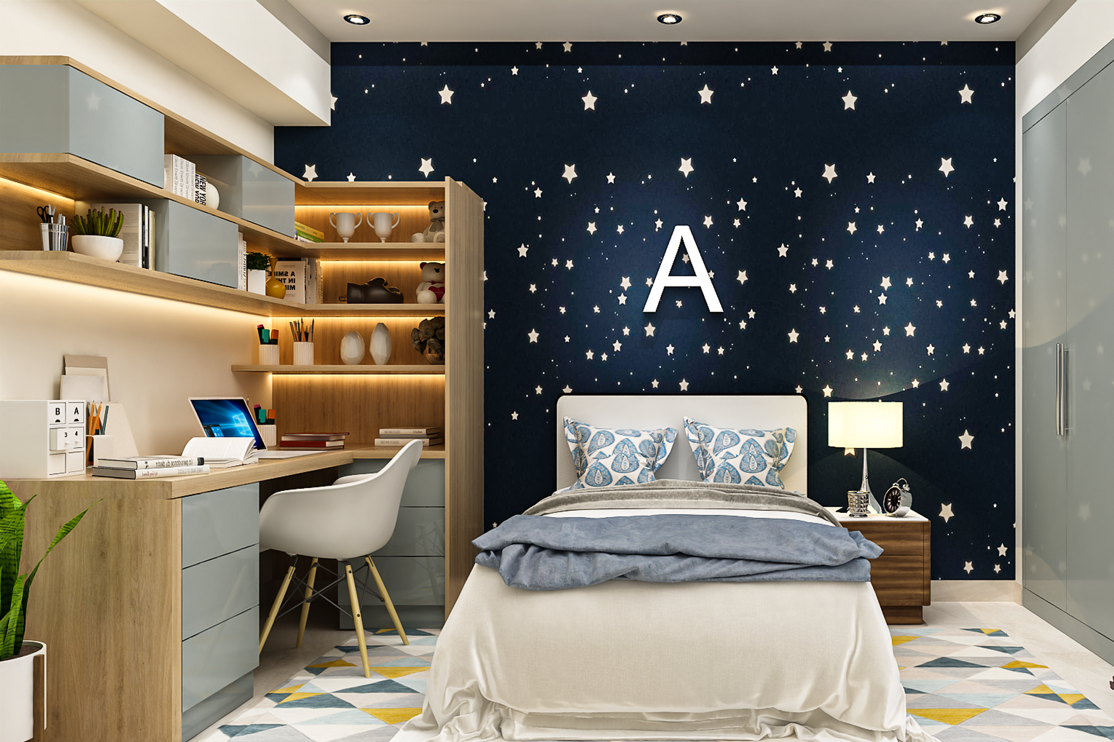 Contemporary Kid's Bedroom Design With Starry Wallpaper