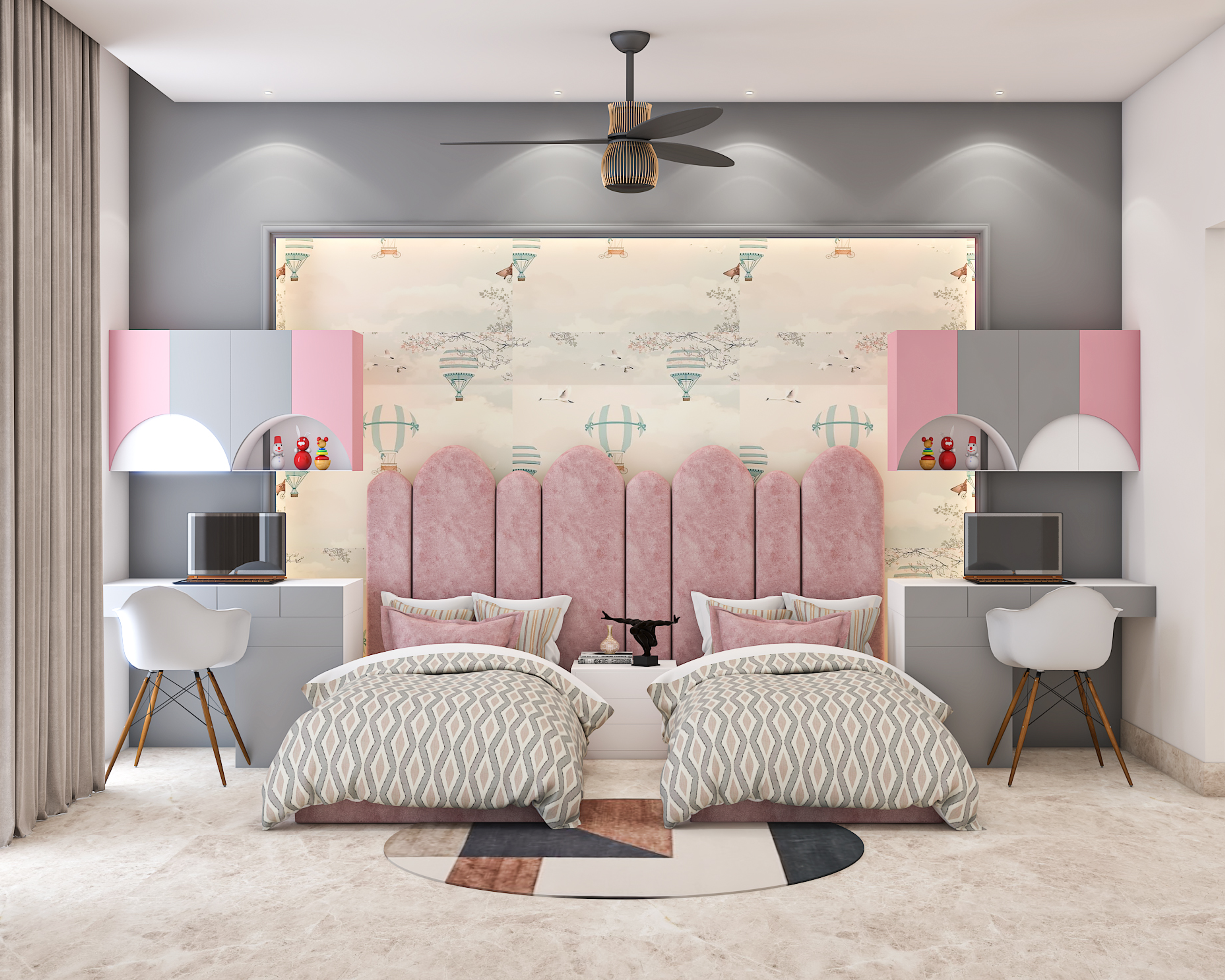 Compact Kid's Bedroom Design With Twin Beds And Tufted Pink Headboard