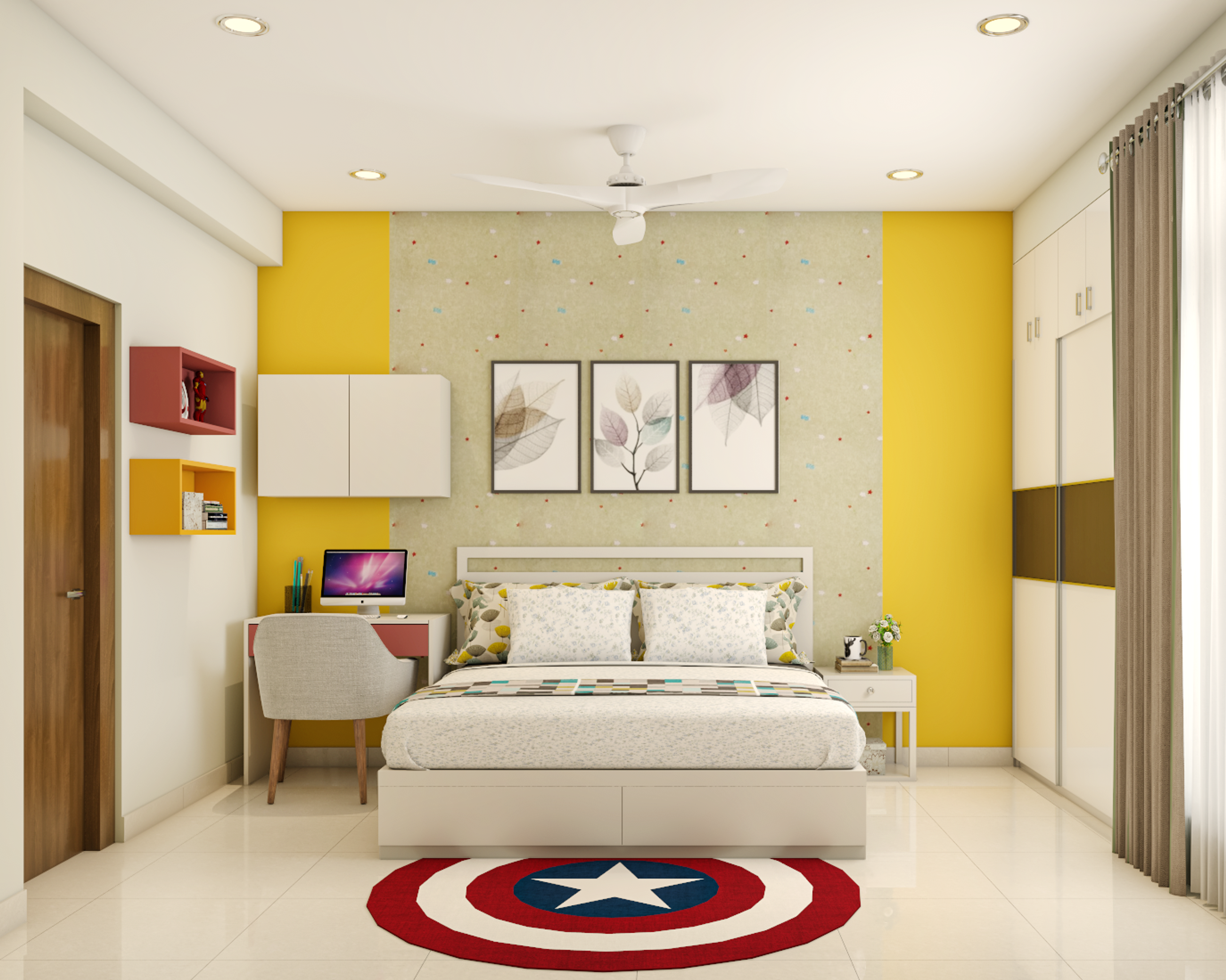 Modern Yellow Kid's Bedroom With Study Table