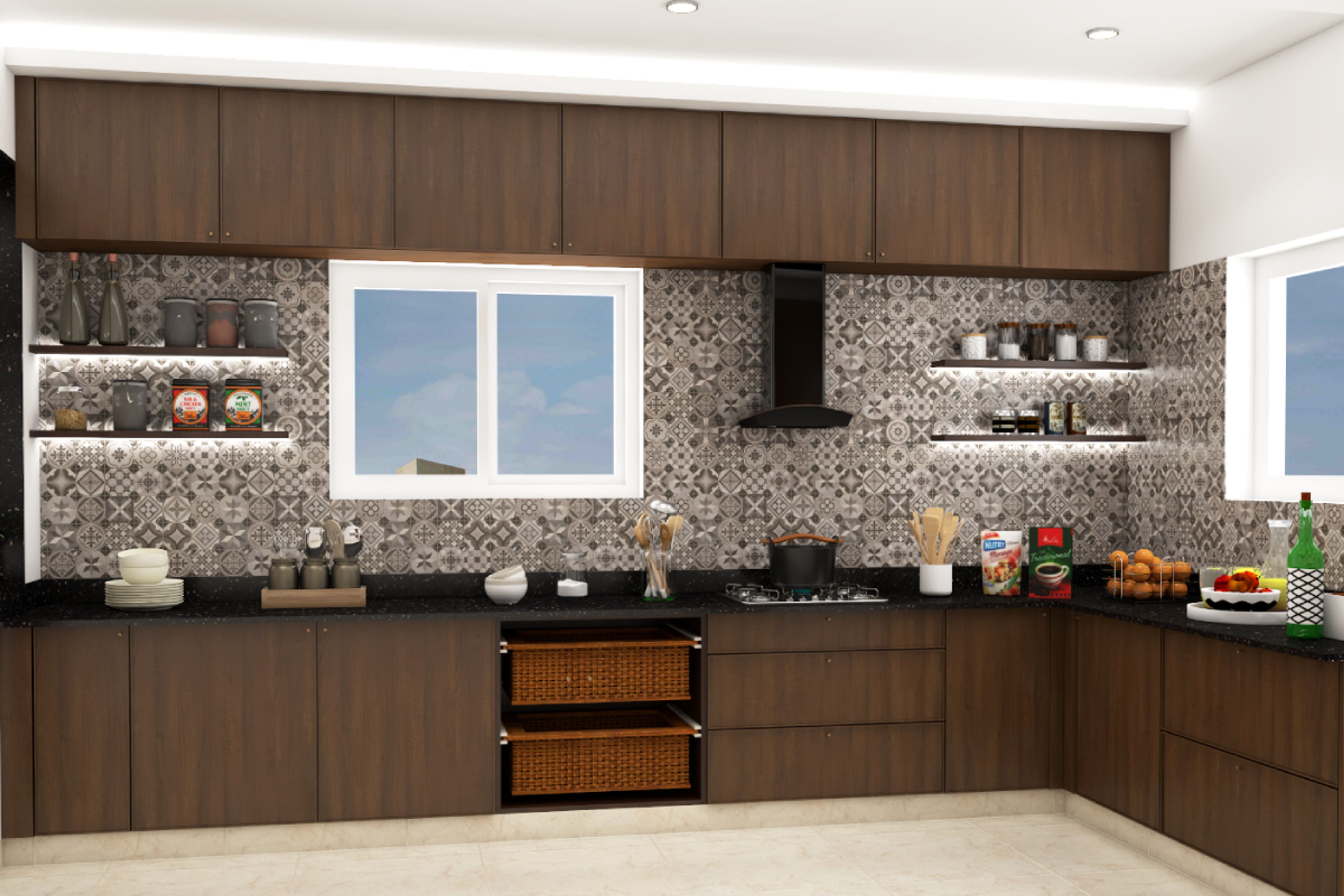 Modern L-Shaped Modular Kitchen Design With Wooden Cabinets