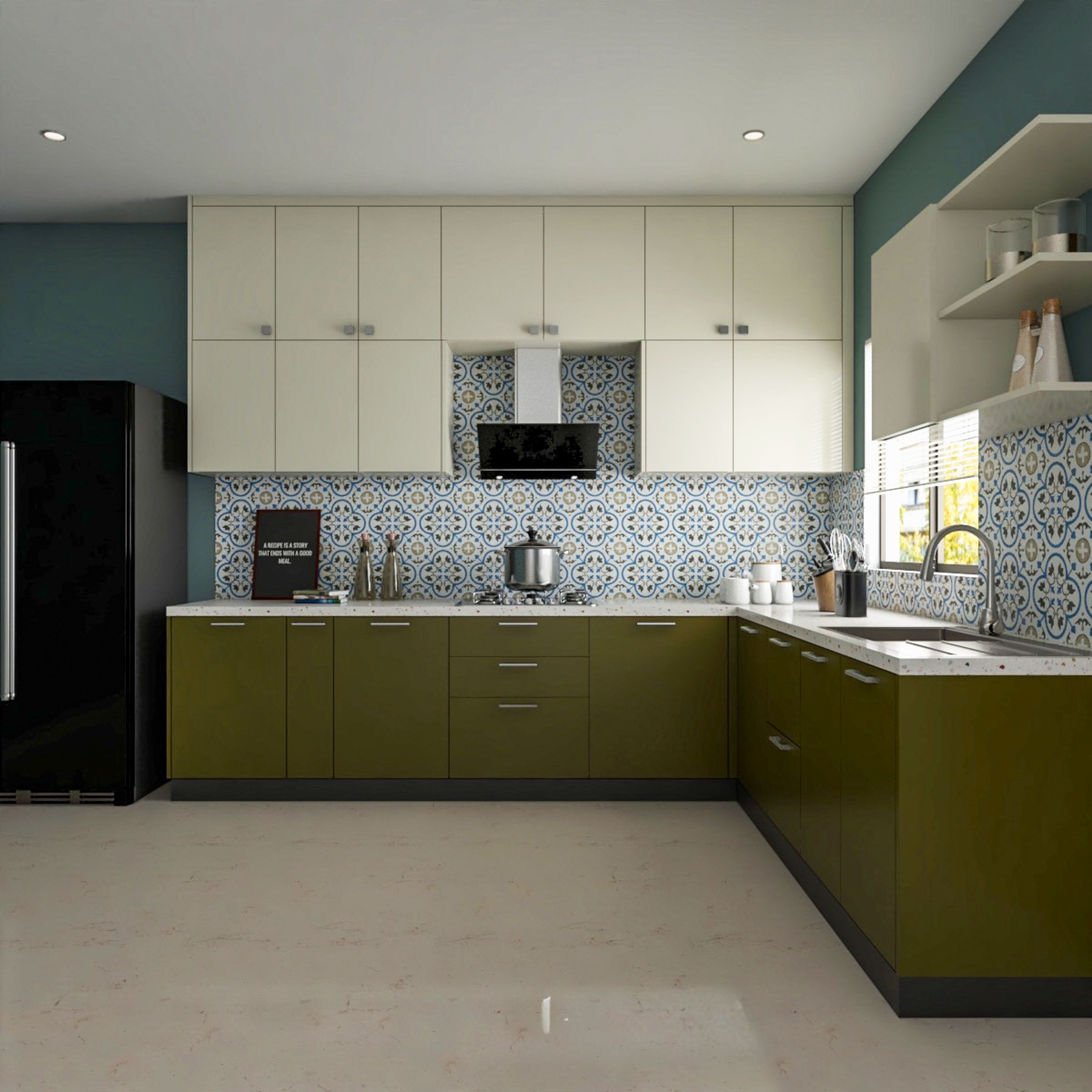 Modern L-Shaped Modular Kitchen Design With Blue Dado Tiles And Green Cabinets