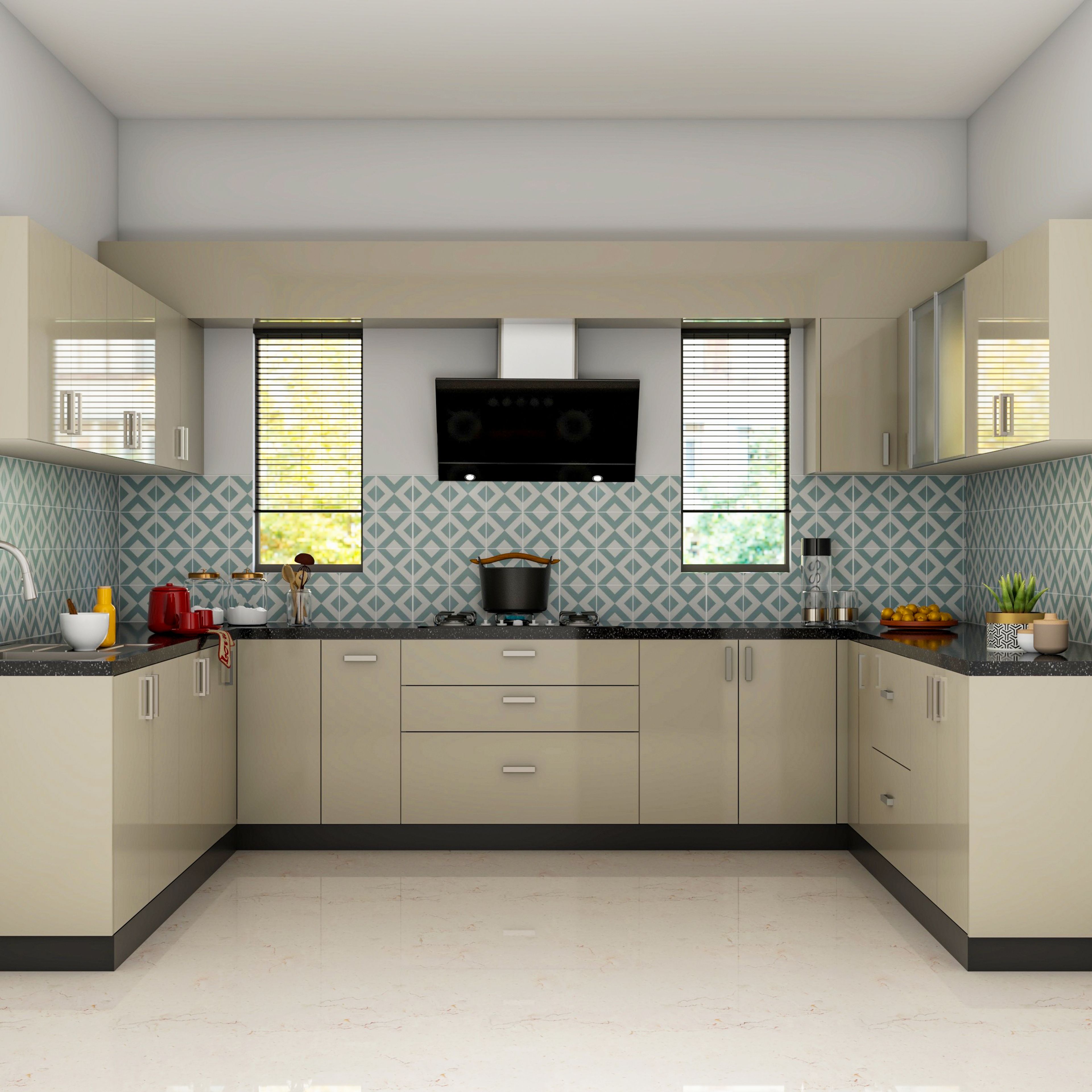 Spacious Biege Modular Kitchen Design With Black Counter Top