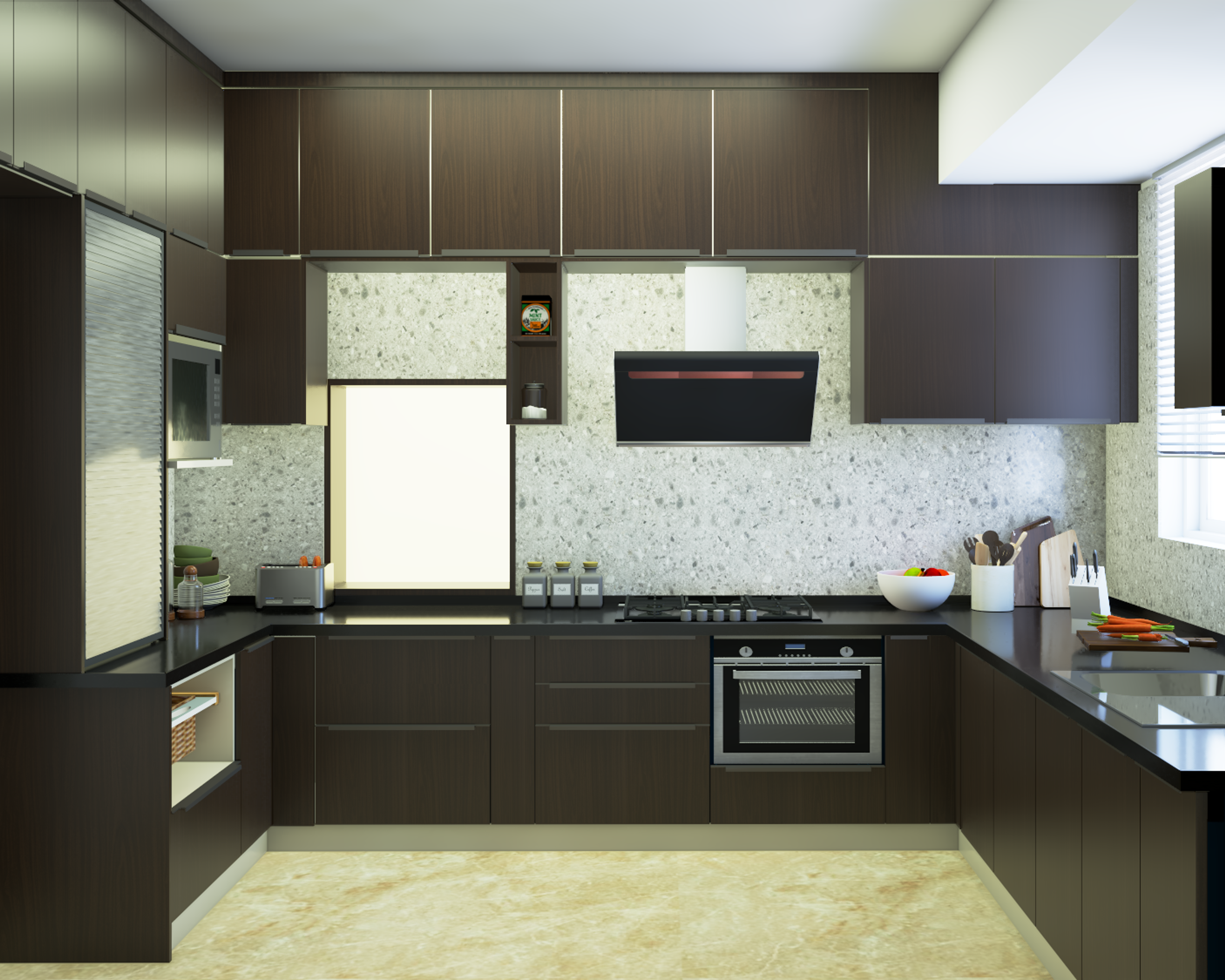 Modern U-Shaped Modular Kitchen Design With Dado Tiles