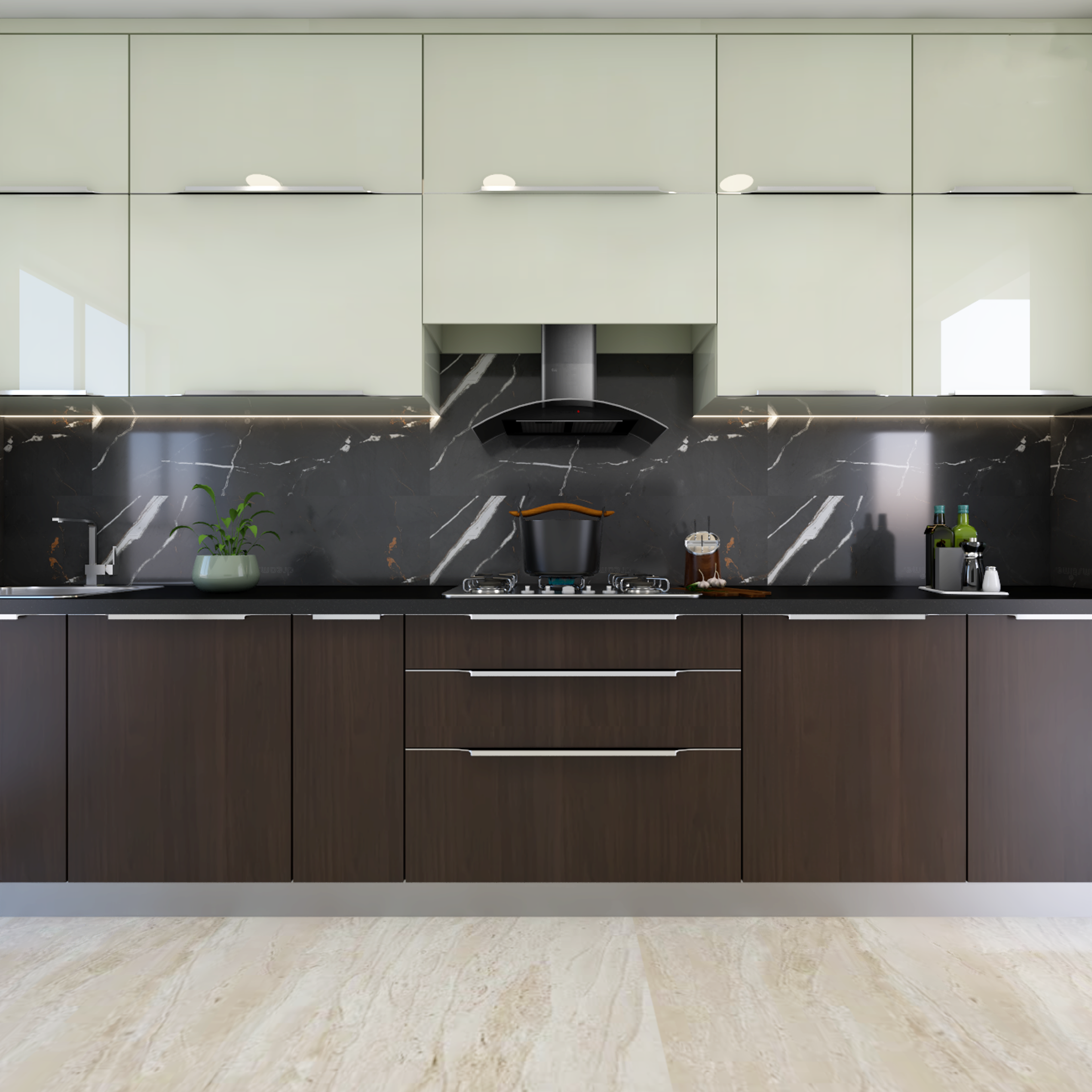 Contemporary Kitchen Design With Off-White And Dark Brown Cabinets