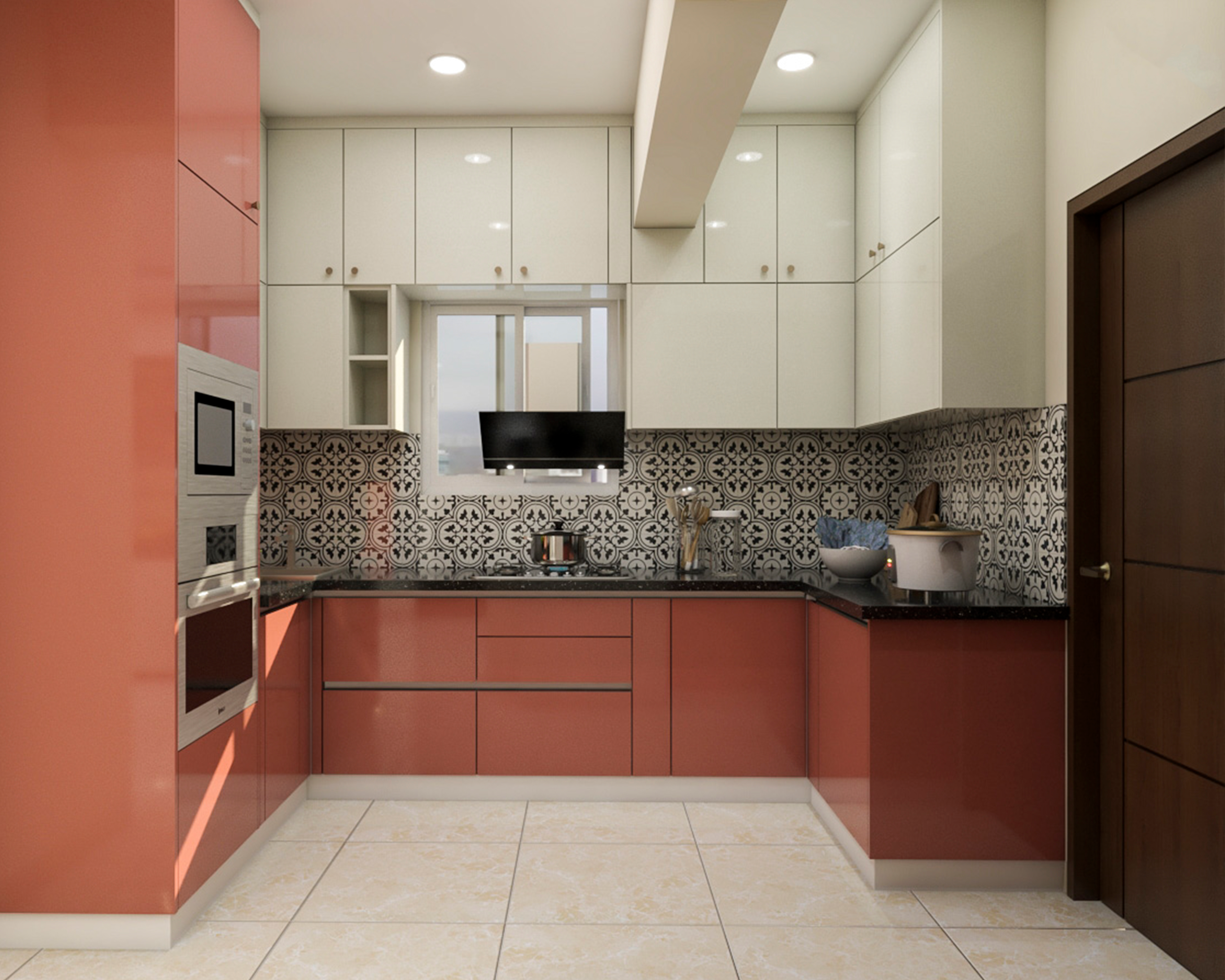 Contemporary U-Shaped Red And White Modular Kitchen Design